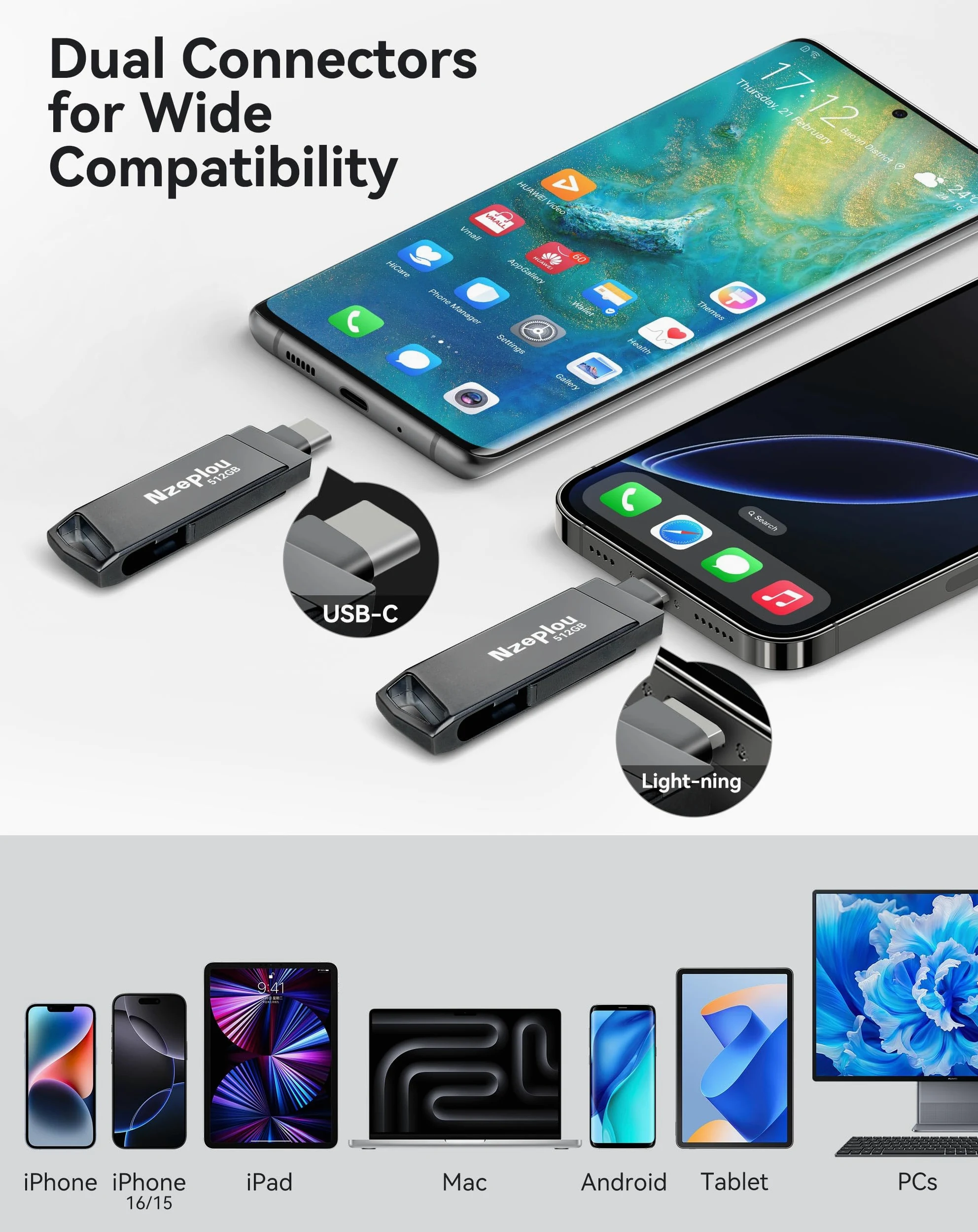 Chiavetta USB 3.0 ad alta velocità per iPhone, iPad, non necessita di app, Lightening & USB-C, memoria esterna per foto, video, backup immagini, plug & play, 512 GB, grigio siderale