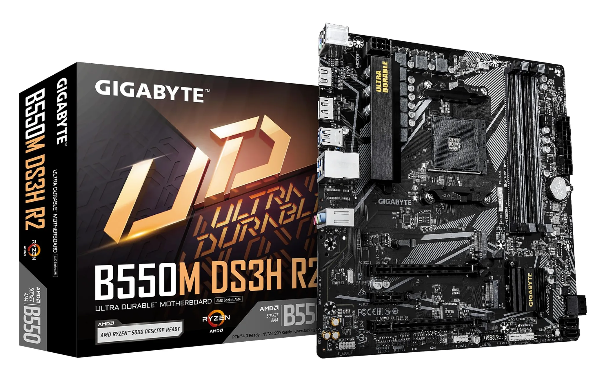 GIGABYTE B550M DS3H R2 Scheda madre - CPU AMD Ryzen 5000, VRM a 5+3 fasi, fino a 4733 MHz DDR4 (O.C.), 1x M.2 PCIe 4.0 + 1x M.2 PCIe 3.0, LAN 1 GbE, USB 3.2 Gen 1