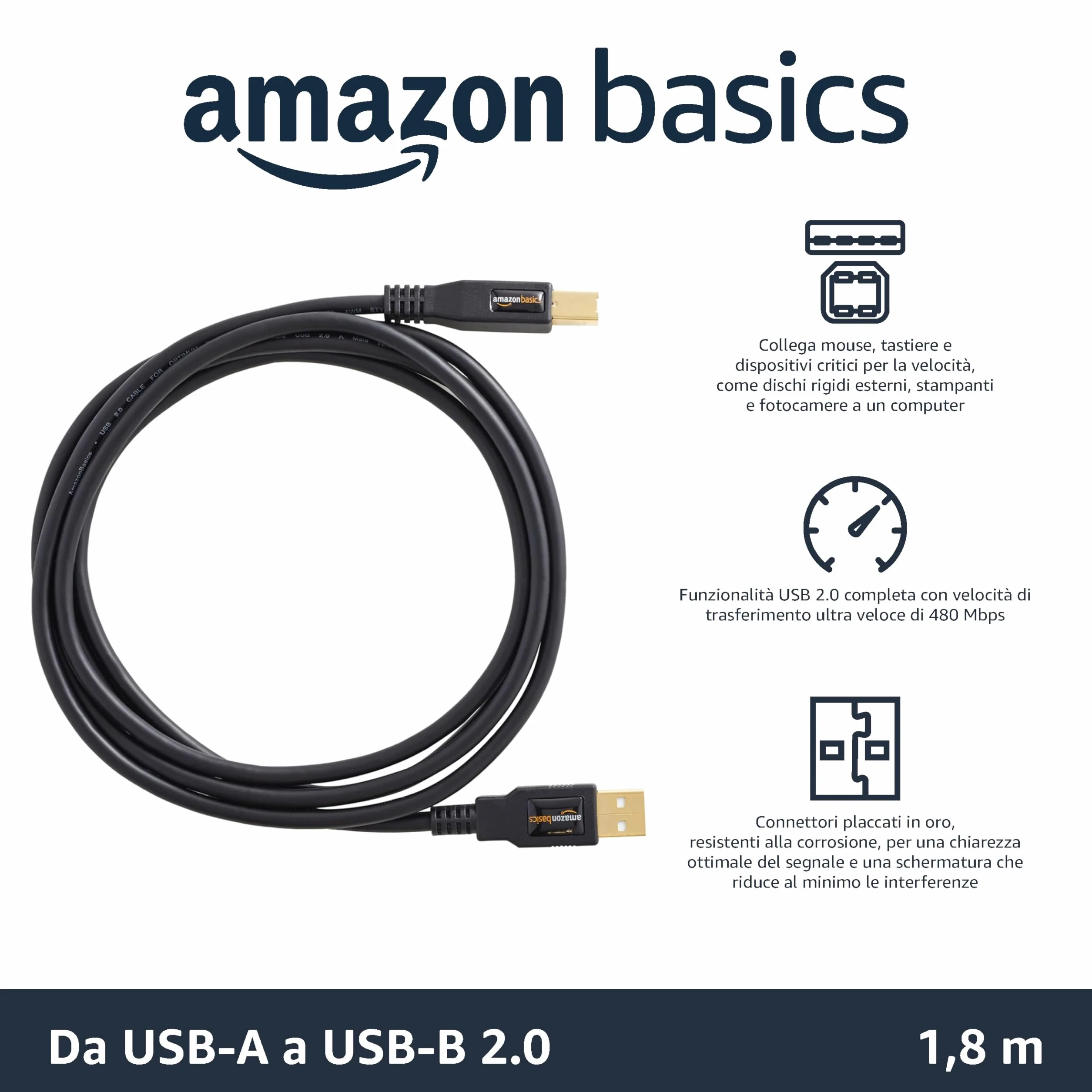 Amazon Basics Cavo USB 2.0 USB-A Maschio a USB-B Maschio 1.8 m Nero