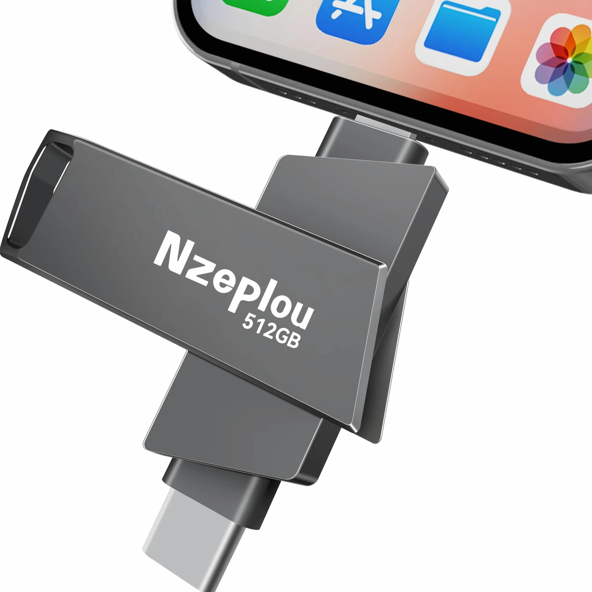 Chiavetta USB 3.0 ad alta velocità per iPhone, iPad, non necessita di app, Lightening & USB-C, memoria esterna per foto, video, backup immagini, plug & play, 512 GB, grigio siderale