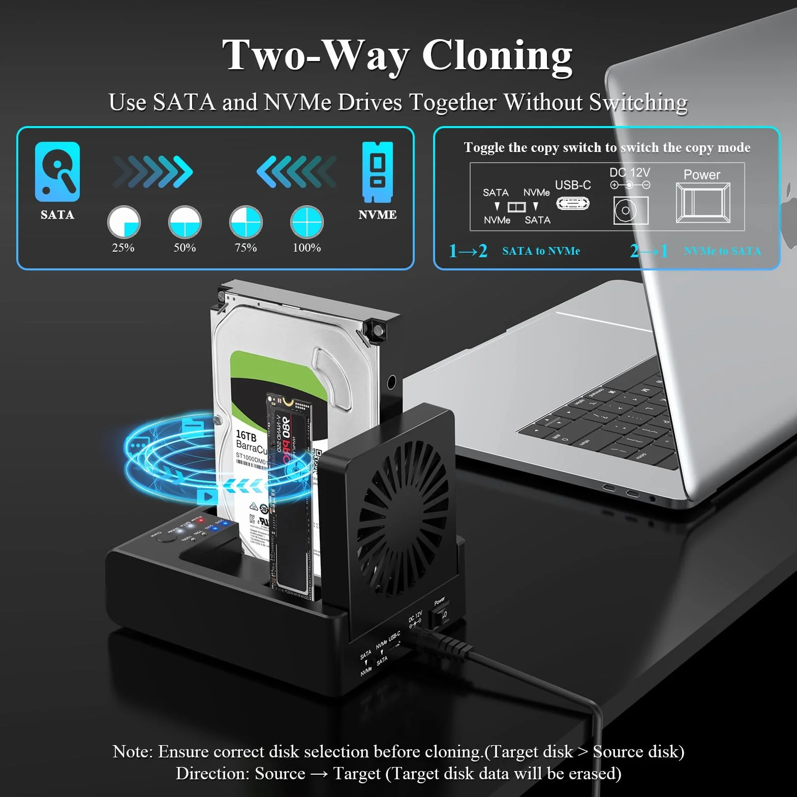 M.2 NVMe & SATA HDD Docking Station, 10Gbps USB3.2 Gen2 SSD Cloner per M.2 NVMe SSD + SATA 2.5"/3.5" HDD Converter, Offline Cloning, Tool-Free, Ventola di raffreddamento