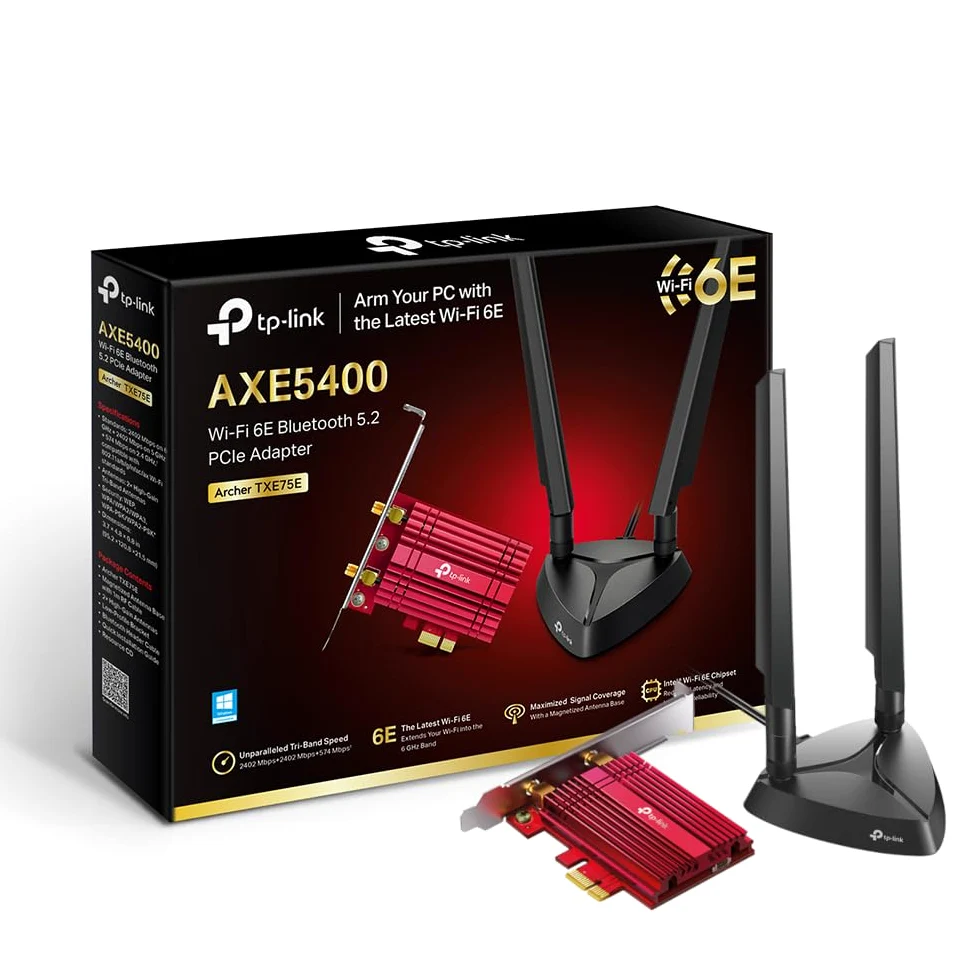 TP-Link Archer TXE75E AXE5400Mbps Tri-Band WiFi 6E Bluetooth 5.2 Adattatore PCIe con Due Antenne, Adattatore WiFi per PC, Chipset Intel, Base Antenna Magnetizzata, Staffa a Basso Profilo Incluso, WPA