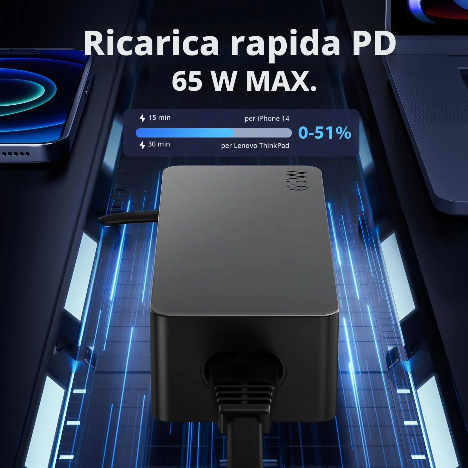 Alimentatore USB C 65W per Lenovo ThinkPad Touch Yoga HP Chromebook ASUS Dell Acer Caricatore Samsung Huawei MacBook-Carica Rapida con PD 3.0 e QC Caricabatterie Computer Portatile PC Charger