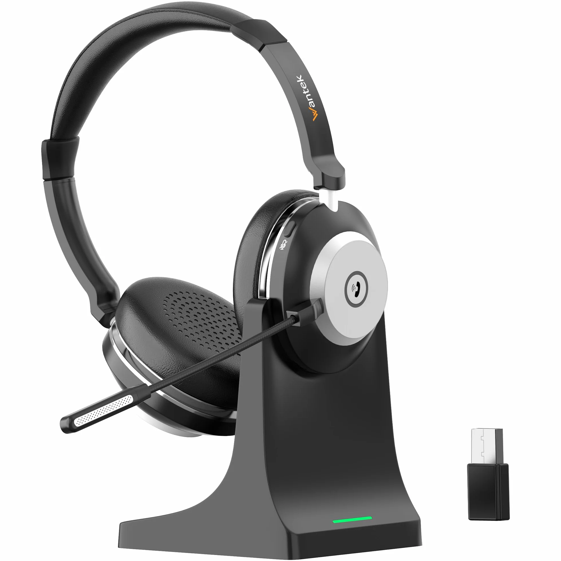 Wantek Cuffie wireless con microfono, Cuffie senza fili Bluetooth con stazione di ricarica o USB Dongle per PC Ufficio Zoom Skype Laptop