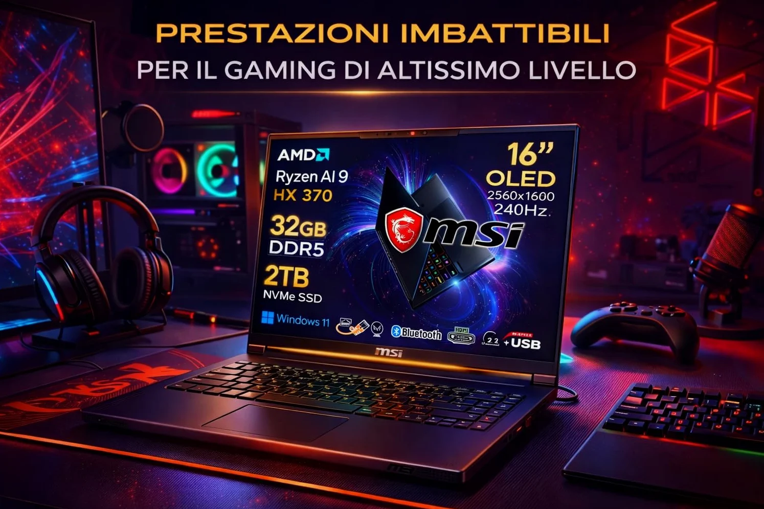 msi Stealth A16 AI+ Notebook Gaming Ryzen AI 9 HX 370, RTX 5080 16GB GDDR7, 32GB RAM, 2TB SSD, 16" QHD+ OLED HDR 240Hz 100% DCI-P3, Thunderbolt 4, Wi-Fi 7, Tastiera RGB, Fingerprint, Windows 11