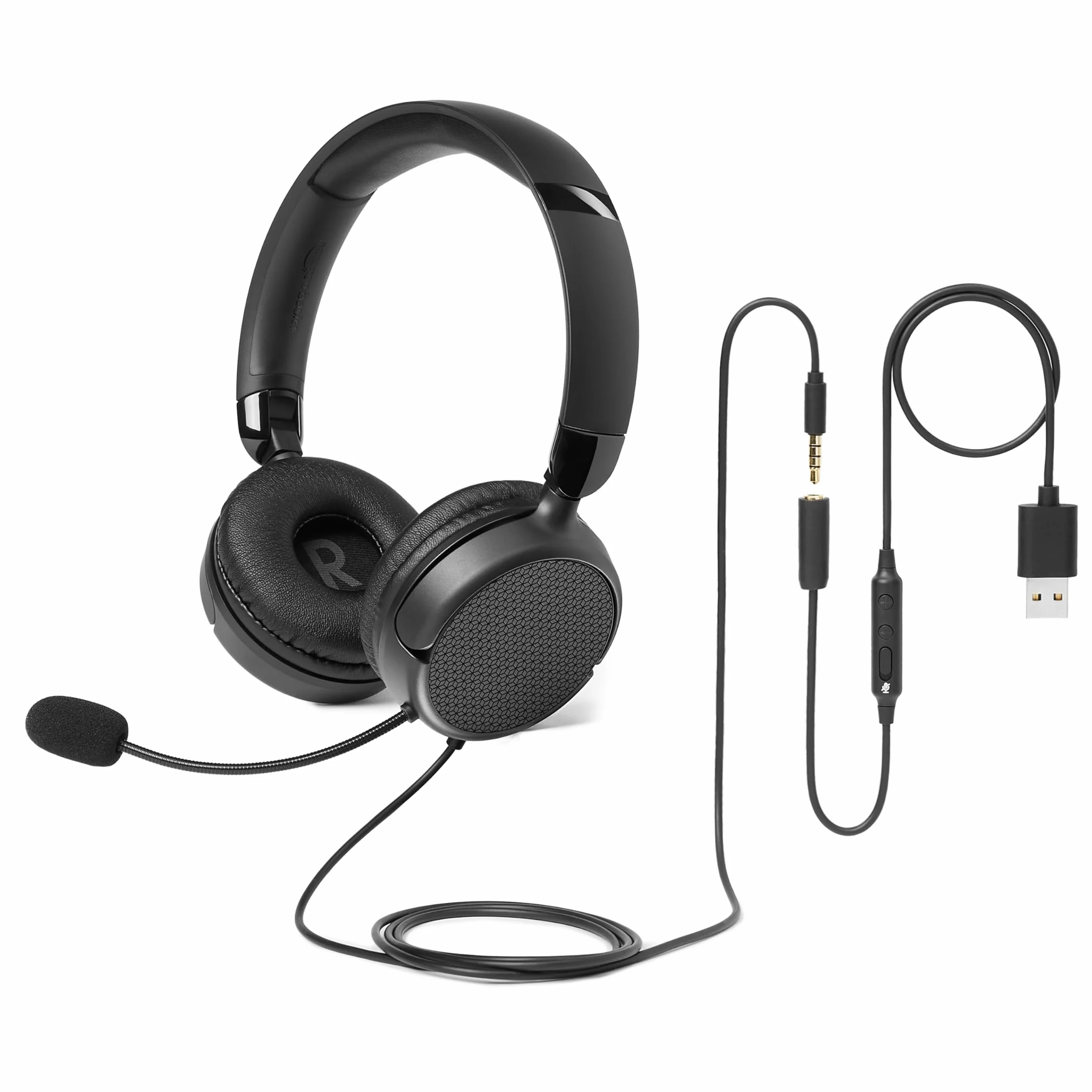 Amazon Basics - Cuffie Over-Ear per Computer con Cavo, Microfono Regolabile, Connessione da 3,5 mm, Controllo Cablato con USB-A, Pieghevoli, Cuffie per Ufficio, Smartphone, PC, Laptop, Nero