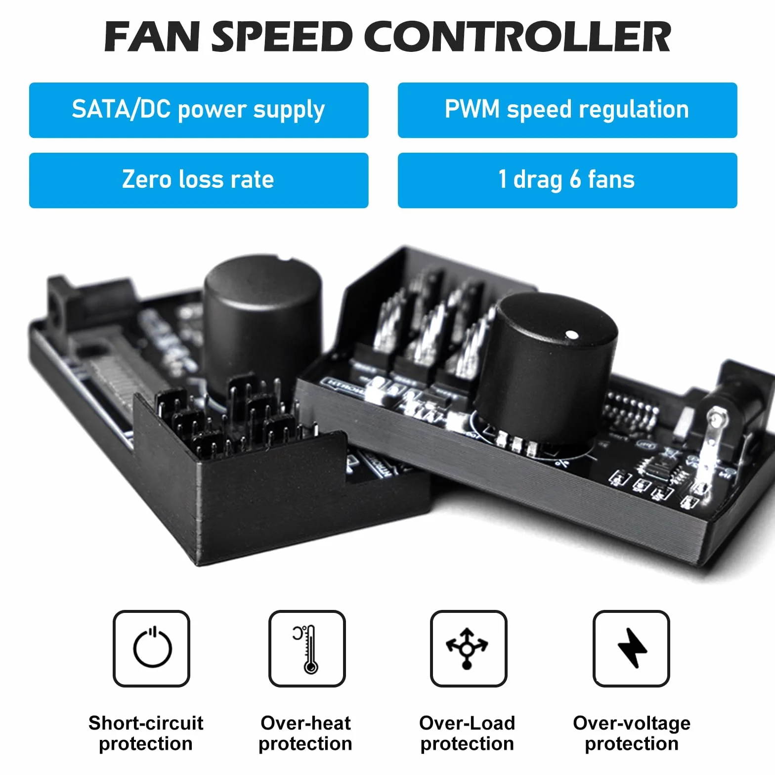 2 controller di velocità della ventola PWM 12 V: 4 poli, hub adattatore ventola per PC con alimentazione tramite SATA e DC 5525, Cooling Fan Speed Knob con uscita massima totale 60 W 5 A