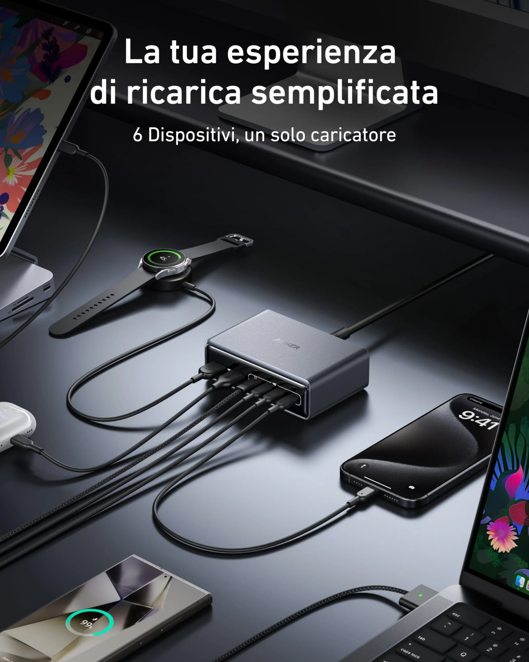 Anker Caricatore USB C Prime, Stazione di Ricarica da scrivania GaN a 6 Porte da 200W, Ricarica Rapida USB C PD, Compatibile con MacBook, iPad Pro/Air, iPhone 17/16/15/14, Galaxy.