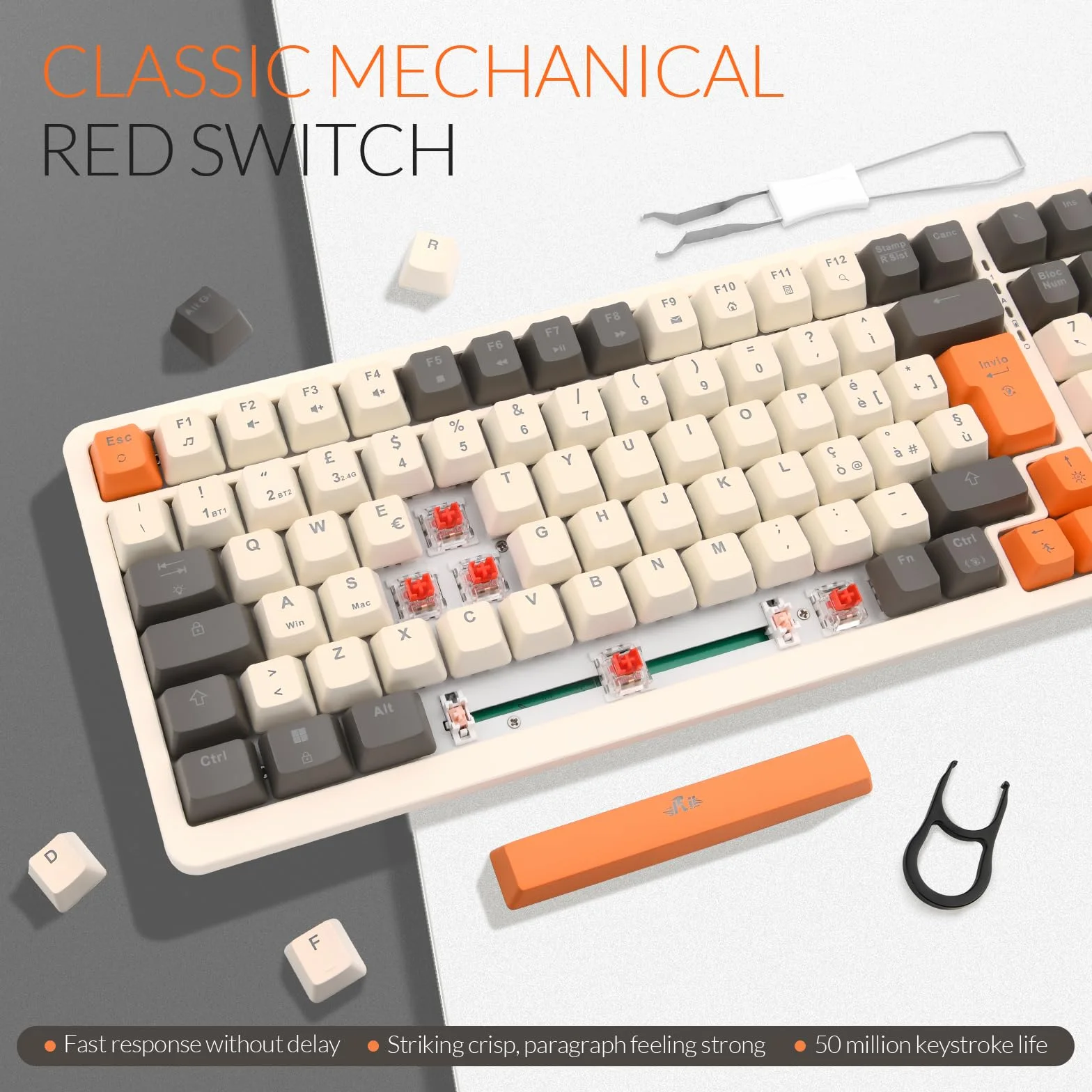 Rii Gaming RK909 - Tastiera meccanica silenziosa con tripla connessione (Wireless + Bluetooth + USB), batteria ricaricabile, retroilluminazione RGB, anti-ghosting, tasti smontabili, cover magnetica