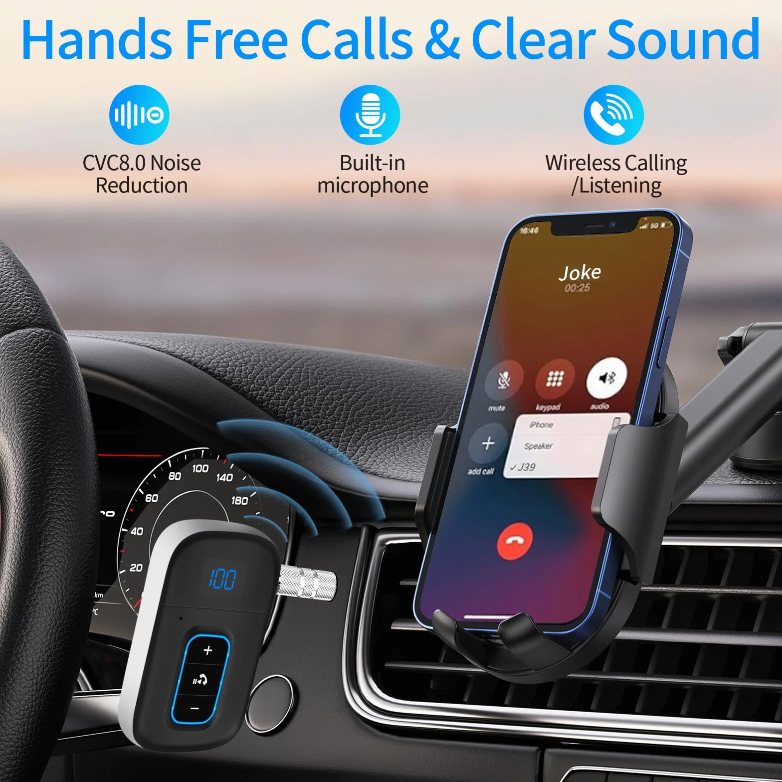 Vemfay Ricevitore Bluetooth Car Jack Adattatore Aux Bluetooth 5.3 Ricevitore per Altoparlanti/Stereo Domestico, Presa Jack Bluetooth Auto Chiamata Mano Libera Dual Collegamento, 16H Autonomia