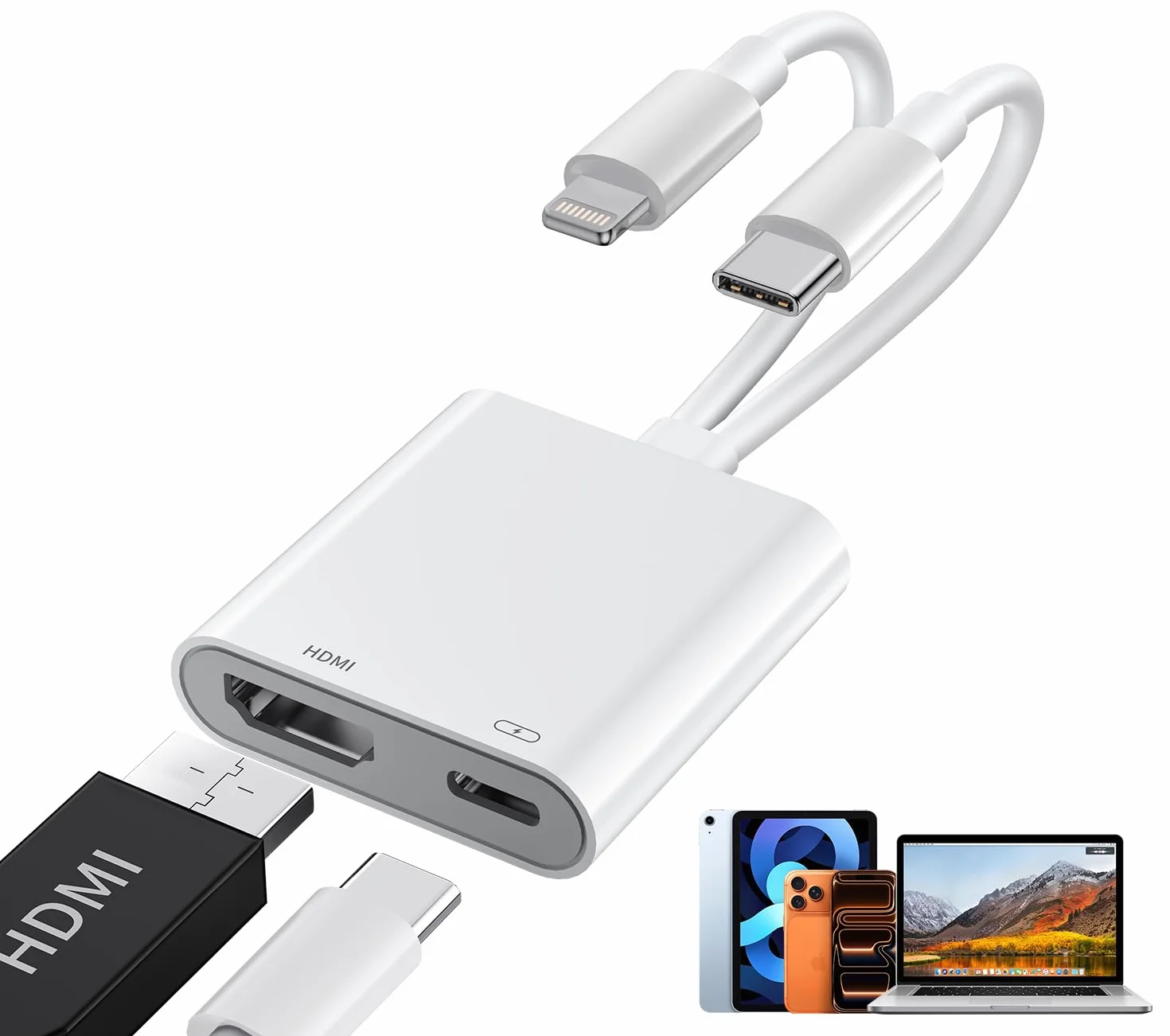 Adattatore USB-C e Lightning a HDMI per iPhone, MFi Lightning Digital AV Adapter per iPhone 14/13, 4K@60Hz 100W Adattatore USB-C a HDMI per i Phone 17/16/15/iPad/MacBook/Galaxy a TV/Monitor/Proiettore