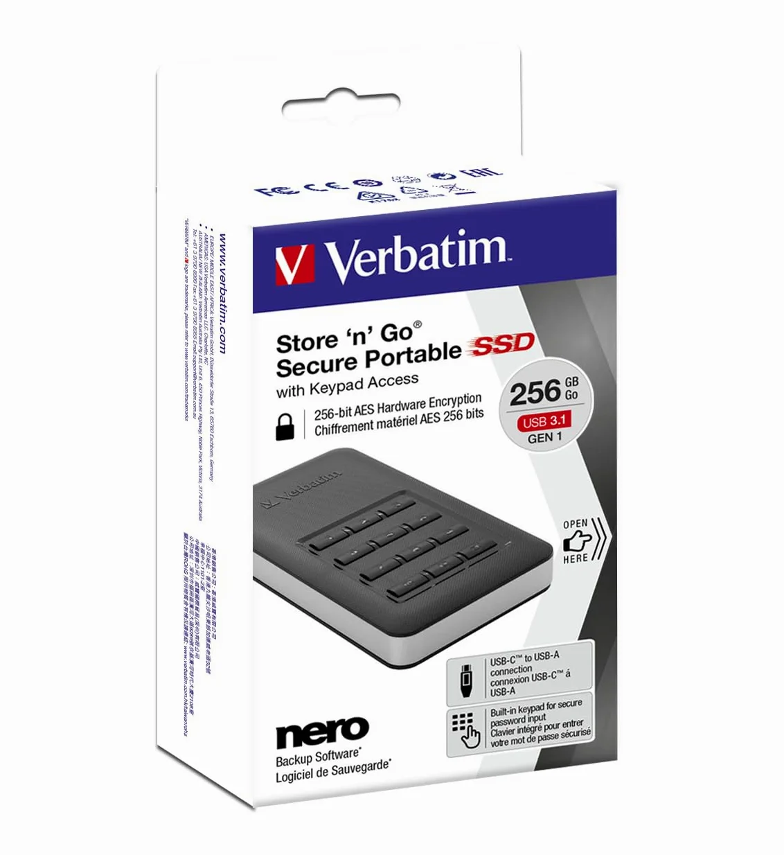 Verbatim SSD Store 'n' Go Secure - 256 GB - Nero - SSD esterno con password di protezione - USB 3.0 - SSD esterno - per Windows e Mac OS X - unità portatile - USB-C - unità flash esterna