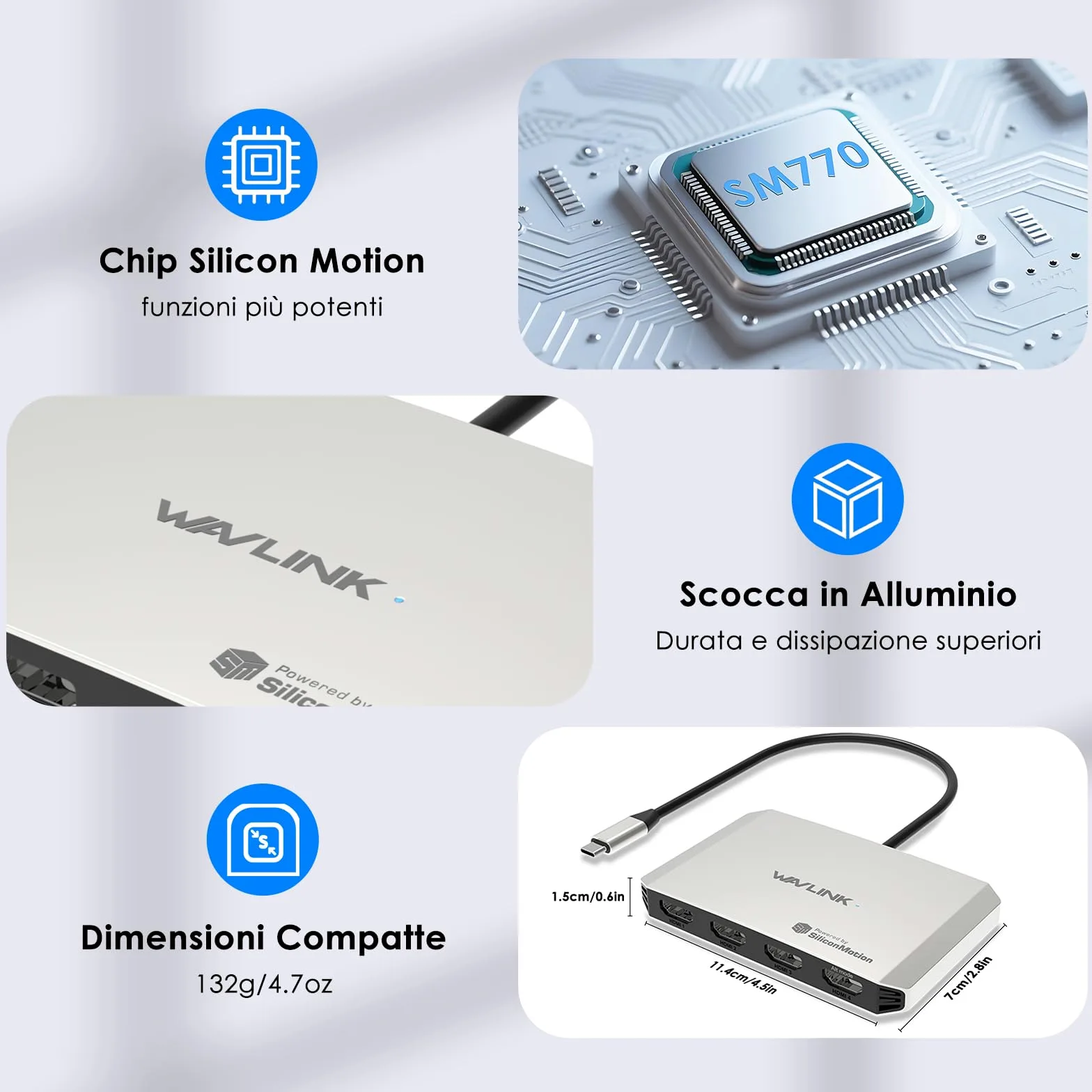 WAVLINK Adattatore da USB C a HDMI, adattatore per quattro monitor per sistemi macOS M1/M2/M3/M4, ingresso PD da 140 W, 4 HDMI, uscita quadrupla 4K, driver SMI e host USB 3.2 richiesti
