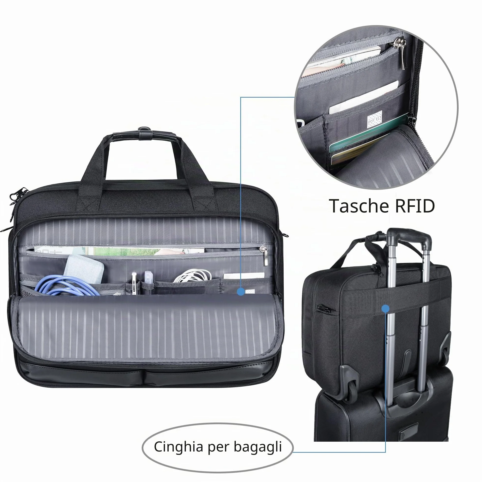 KROSER Trolley Business Rolling Laptop Case con ruote fino a 17,3 pollici, impermeabile, con tasche RFID per viaggio/scuola/uomo/donna, colore nero