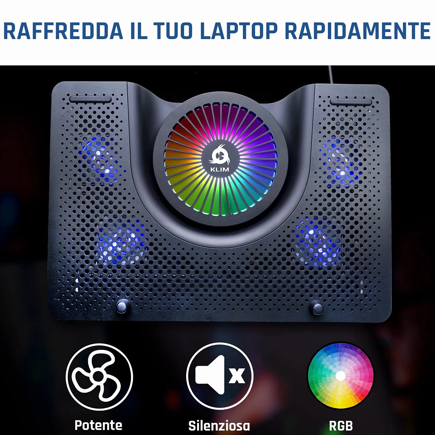 KLIM Nova - Base di raffreddamento RGB per PC portatili da 11" a 17" - Supporto di raffreddamento per laptop da gaming - USB - Stabile e silenzioso - Compatibile con Mac e PS4 - Novità Versione