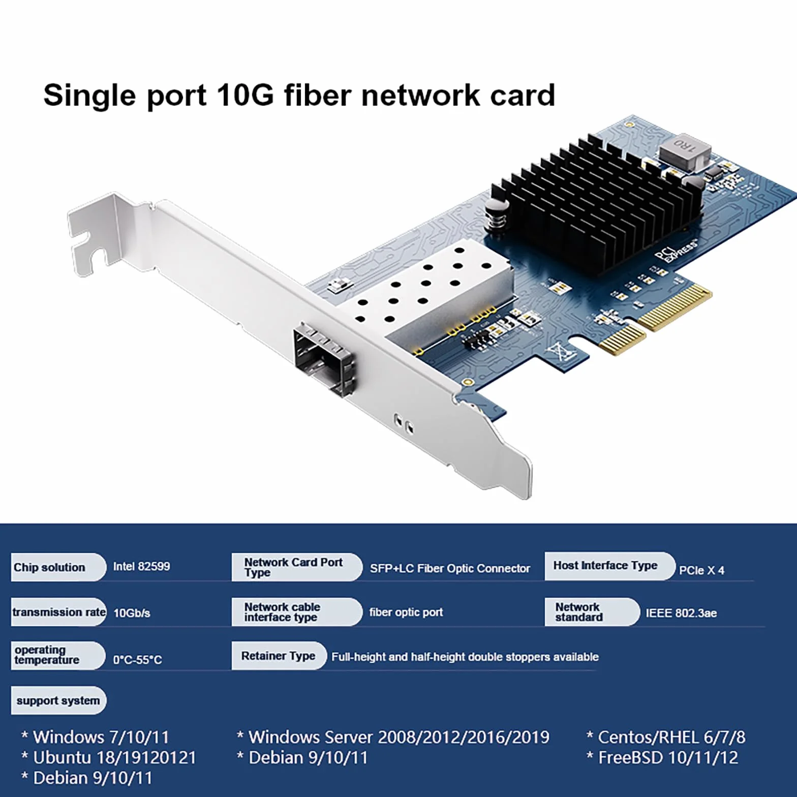 Scheda di rete SFP+ PCI-e aperta da 10 GB, con controller Intel 82599 (X520-DA1), adattatore Ethernet da 10 Gbps, scheda NIC 10Gbe 10G, supporto Windows/Windows Server/VMware