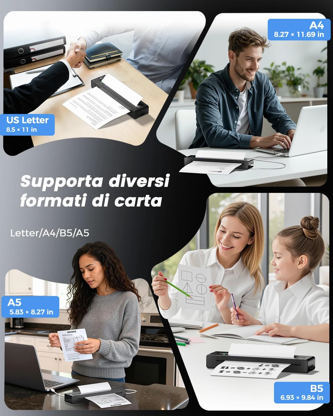 TATTMUSE Stampante portatile A4 da viaggio, stampante termica A4 Supporta il formato A4/A5/B5, piccola stampante portatile senza fili compatibile con telefono, laptop, stampante portatile per ufficio