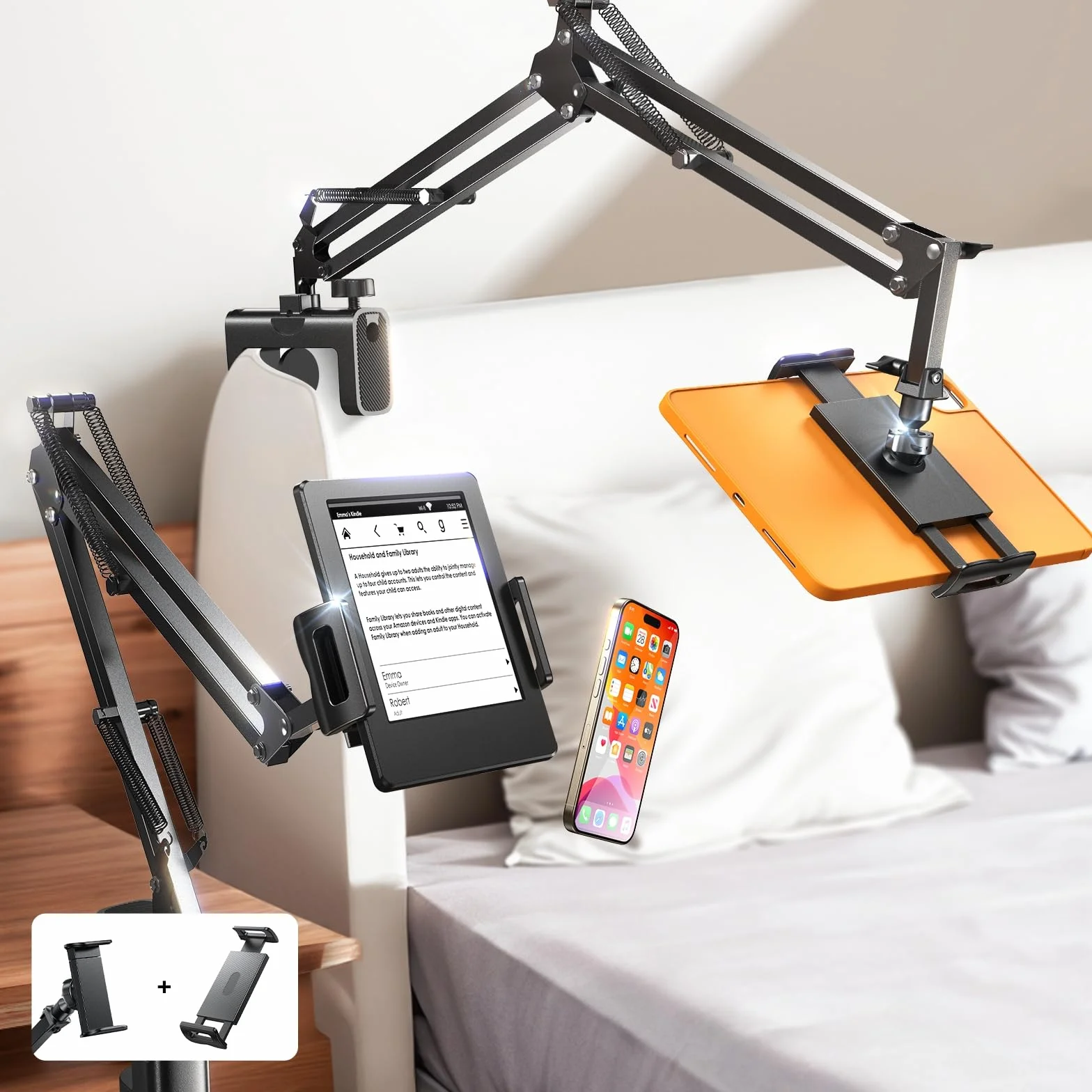 LISEN Supporto per tablet regolabile a braccio lungo 2 clip per iPad Kindle Samsung Galaxy