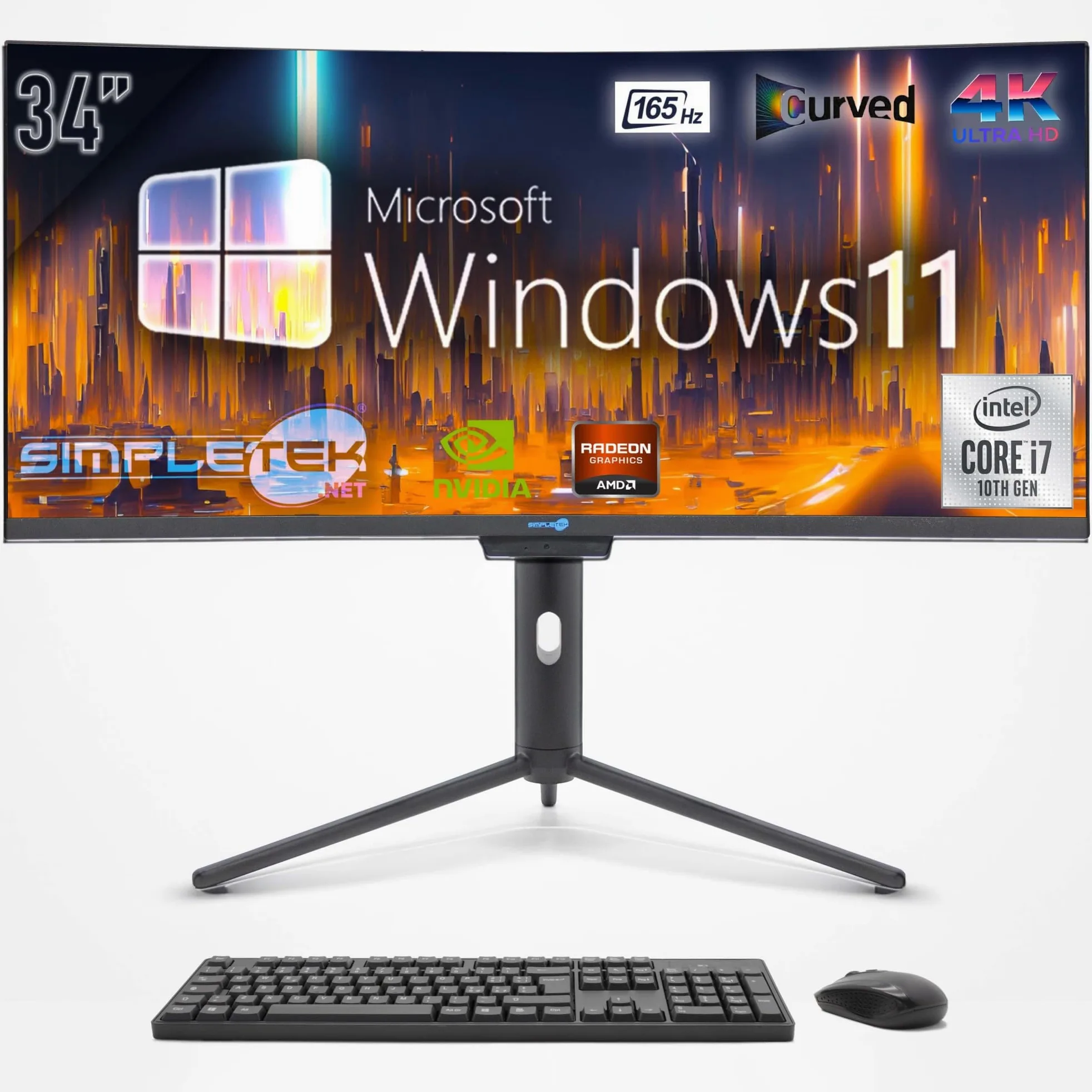 SIMPLETEK - Computer All in One 34" Schermo Curvo 4K 165Hz per Gaming, Grafica | Core i7 10° Gen | Windows 11 Pro | GPU GTX1050 TI 4GB | 8GB RAM SSD 120GB | Webcam 2K | BT 5.2