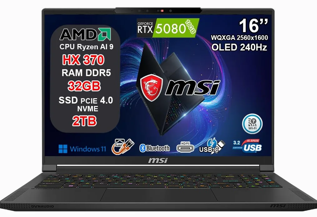 msi Stealth A16 AI+ Notebook Gaming Ryzen AI 9 HX 370, RTX 5080 16GB GDDR7, 32GB RAM, 2TB SSD, 16" QHD+ OLED HDR 240Hz 100% DCI-P3, Thunderbolt 4, Wi-Fi 7, Tastiera RGB, Fingerprint, Windows 11