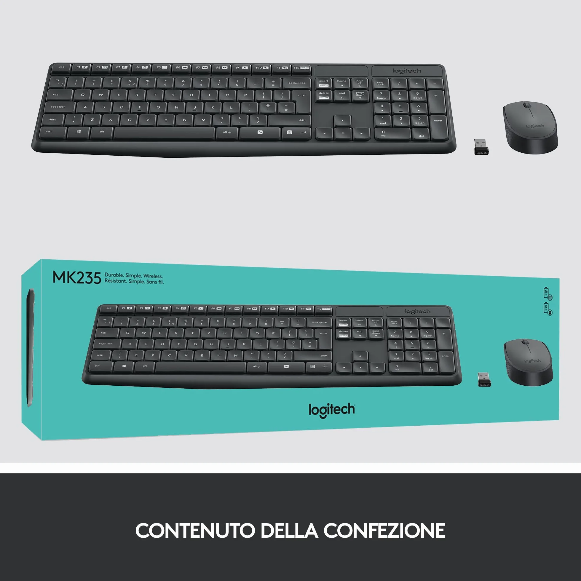 Logitech MK235 Combo Tastiera e Mouse Wireless per Windows, Ricevitore Unifying USB 2,4 GHz Wireless, 15 Tasti FN, Lunga Durata della Batteria, PC, Laptop, Layout Italiano QWERTY - Grigio