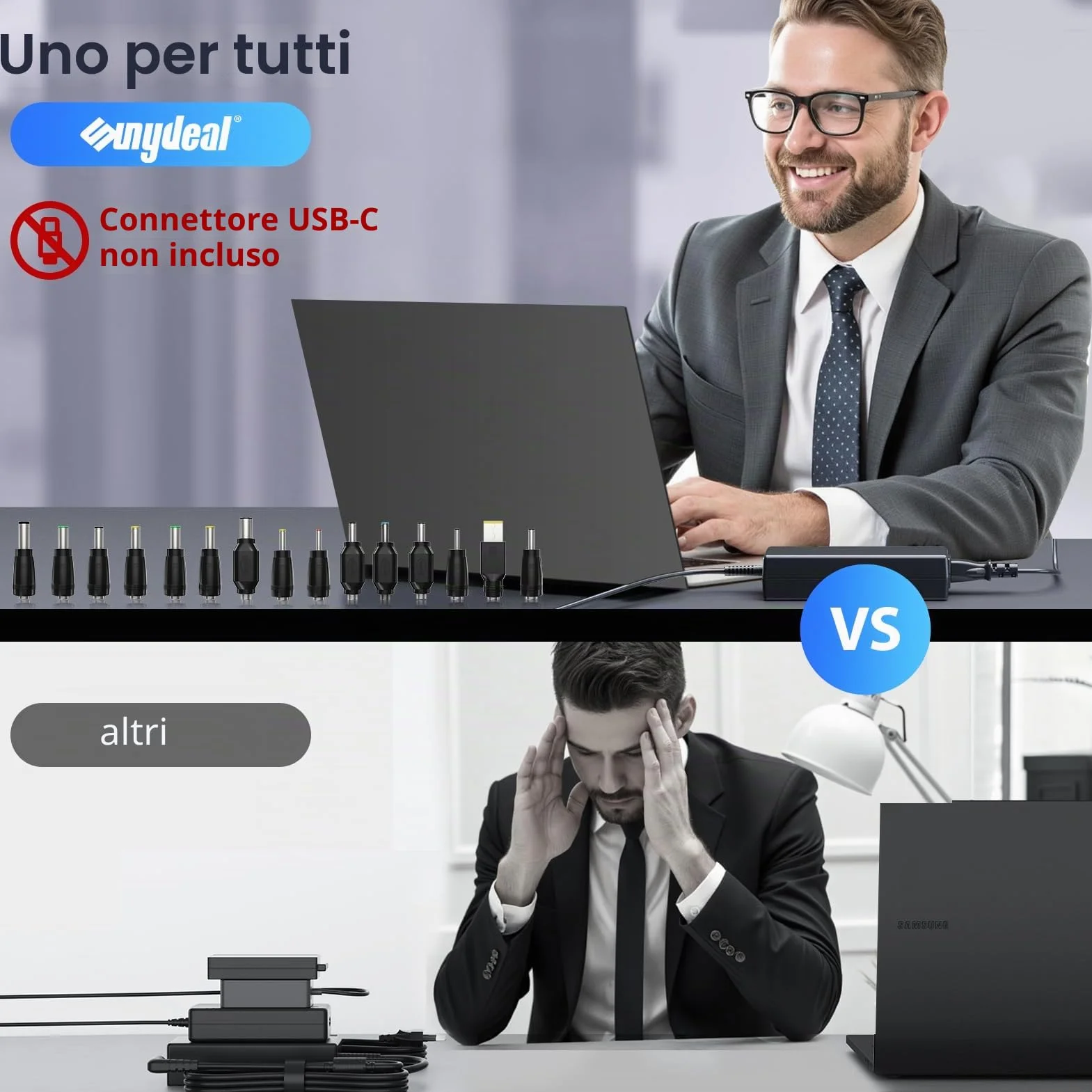 90W Caricatore Universale Notebook per PC Portatile – Compatibile con HP, ASUS, Lenovo, Dell, Acer, Toshiba, Sony, Samsung – 18.5V-20V, 4.74A Max, 15 Connettori (Senza USB-C)