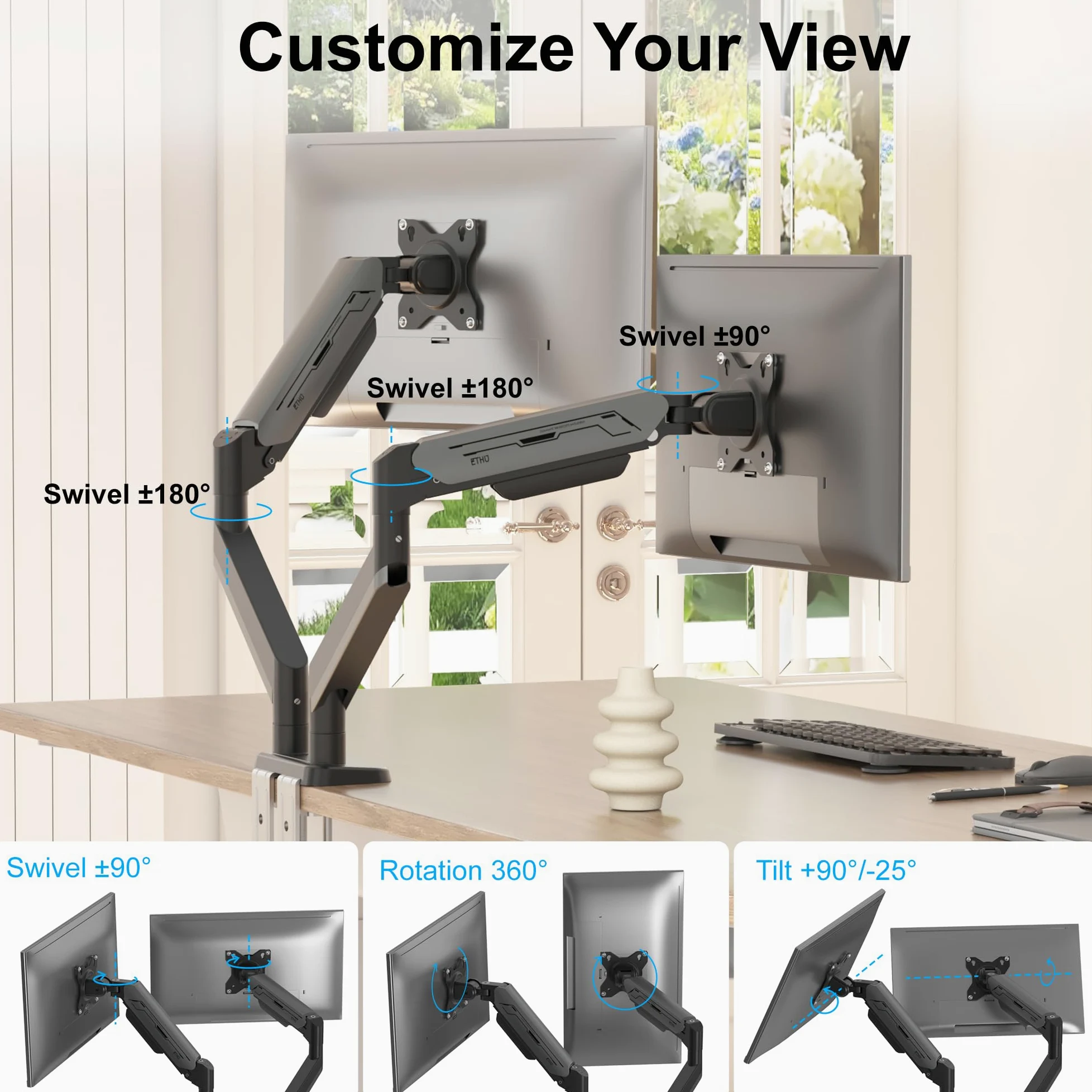 ETHU Braccio doppio per monitor con molla a gas, supporto VESA regolabile resistente per schermi da 17 a 38 pollici fino a 12 kg, supporto da scrivania ergonomico con morsetto a C e installazione con