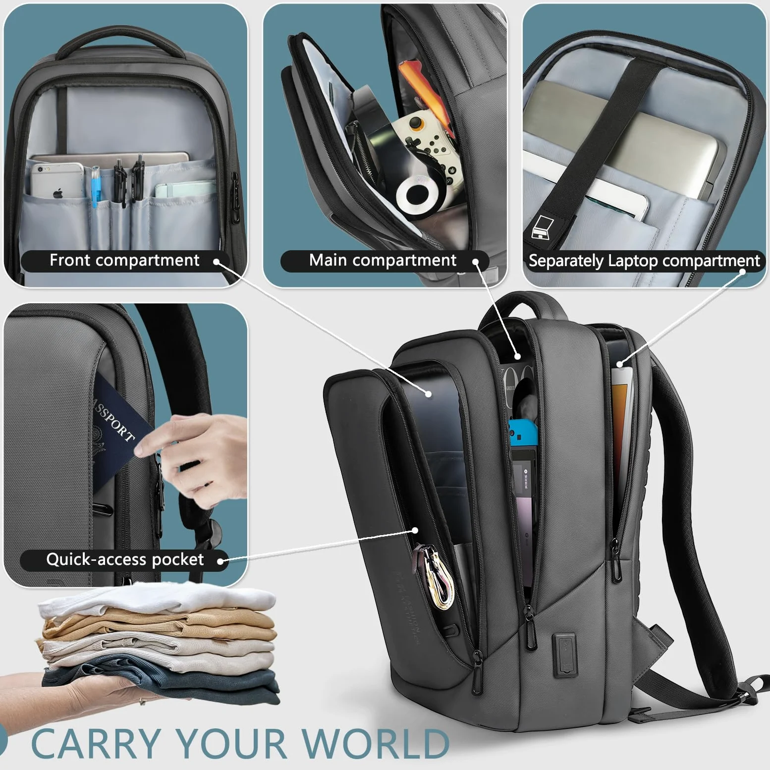 hk Zaino per laptop da uomo con porta di ricarica USB, impermeabile, per computer da 15,6 pollici, resistente, high-tech, zaino casual per lavoro, università, weekender, viaggi, grigio scuro, grigio