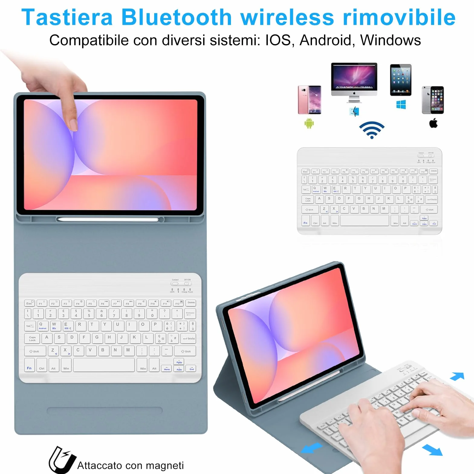 IVEOPPE Cover Tastiera per Samsung Galaxy Tab S10 Lite/S9 FE/S10 FE 10.9"/S9 11", Tastiera Italiano QWERTY Bluetooth Senza Fili Staccabile, Custodia con Portapenna, Grigio-blu
