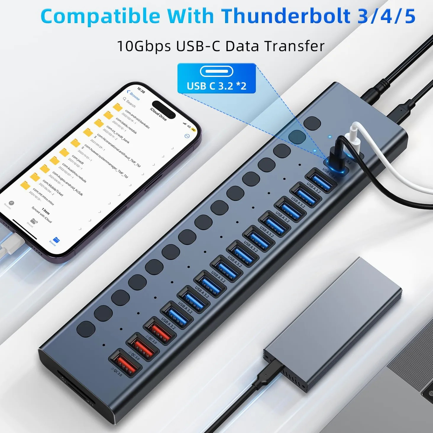 Powered USB Hub, VANGREE 17-Port USB Splitter (7 USB 3.0 Ports+3 2.4A Charging Ports+3 USB 2.0 Ports+2 USB-C 3.0 Ports+SD/TF Card Reader), Individual On/Off Switches, 90W Power Adapter for Laptop, PC