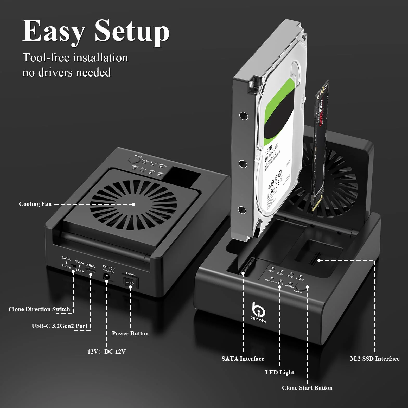 M.2 NVMe & SATA HDD Docking Station, 10Gbps USB3.2 Gen2 SSD Cloner per M.2 NVMe SSD + SATA 2.5"/3.5" HDD Converter, Offline Cloning, Tool-Free, Ventola di raffreddamento