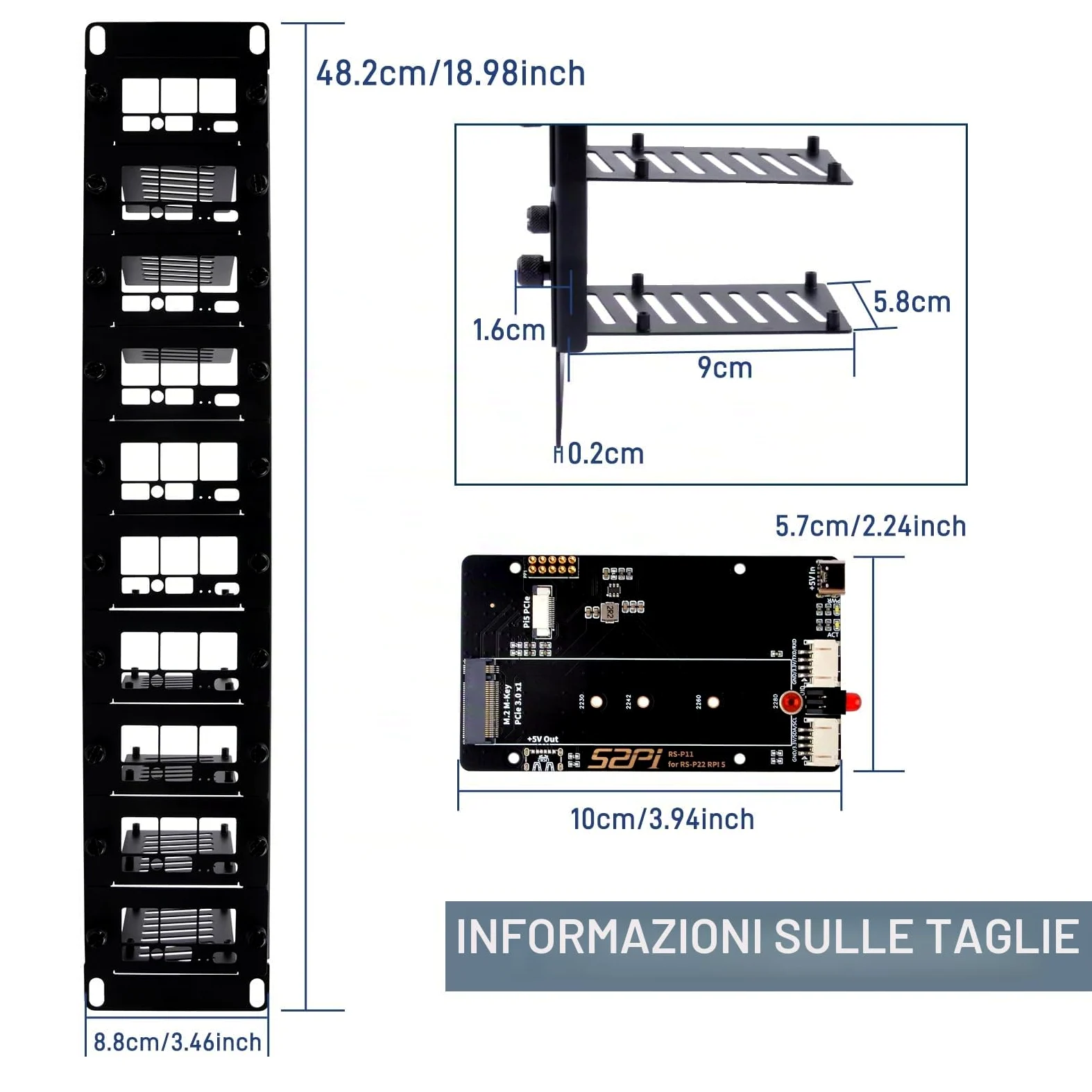 GeeekPi Supporto rack 2U da 19" per Raspberry Pi 5, con 10 adattatori SSD PCIe a M.2 NVMe, può contenere fino a 10 schede Raspberry Pi 5/4B, compatibile con server rack da 19"