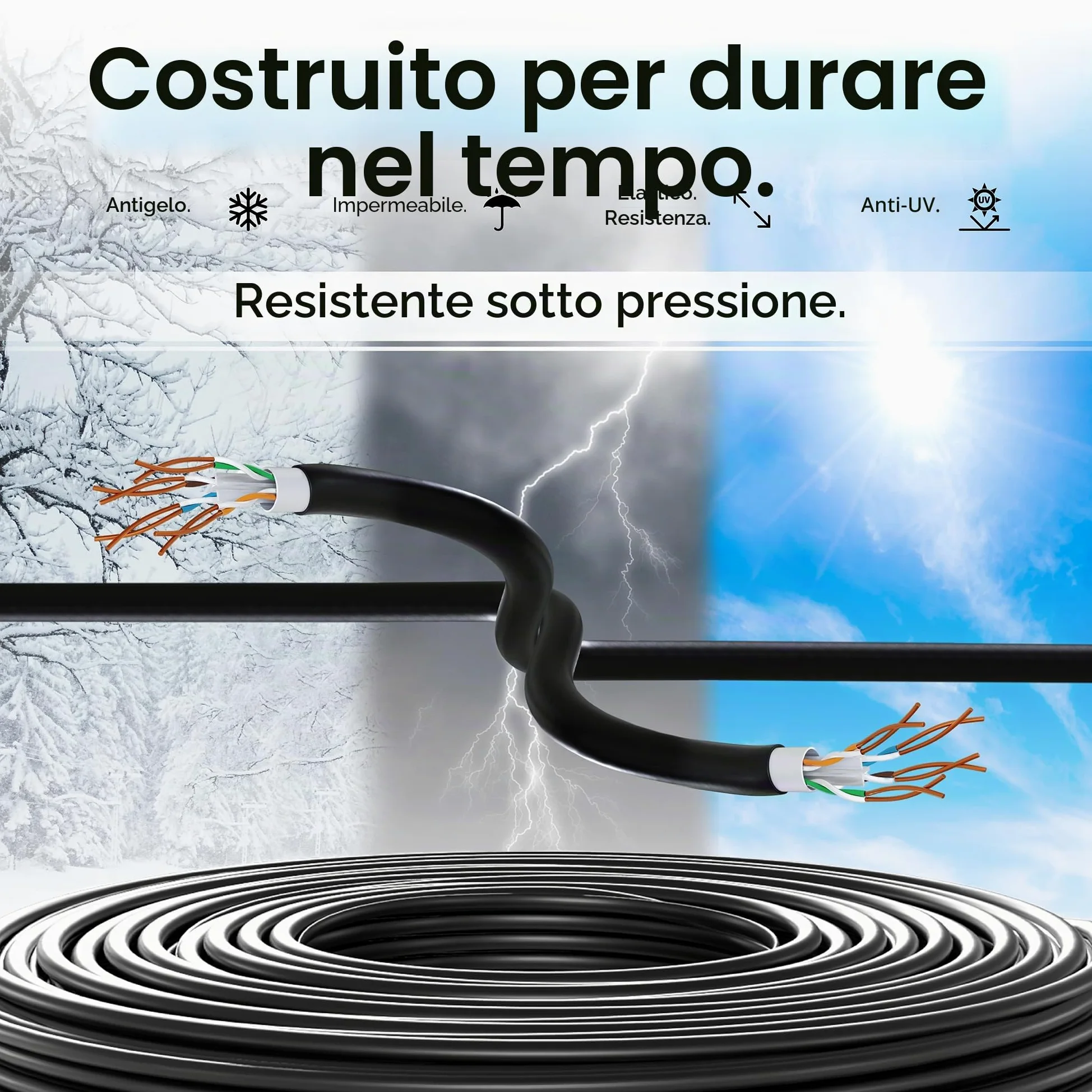 Mr. Tronic Cavo Impermeabile Esterno Ethernet Cat 6 da 50m, Cavo di Rete LAN Cat 6 ad Alta Velocità Per Internet Veloce 1 Gbps - AWG24 Sfuso Senza Connettori RJ45, UTP CCA (50 Metri, Nero)