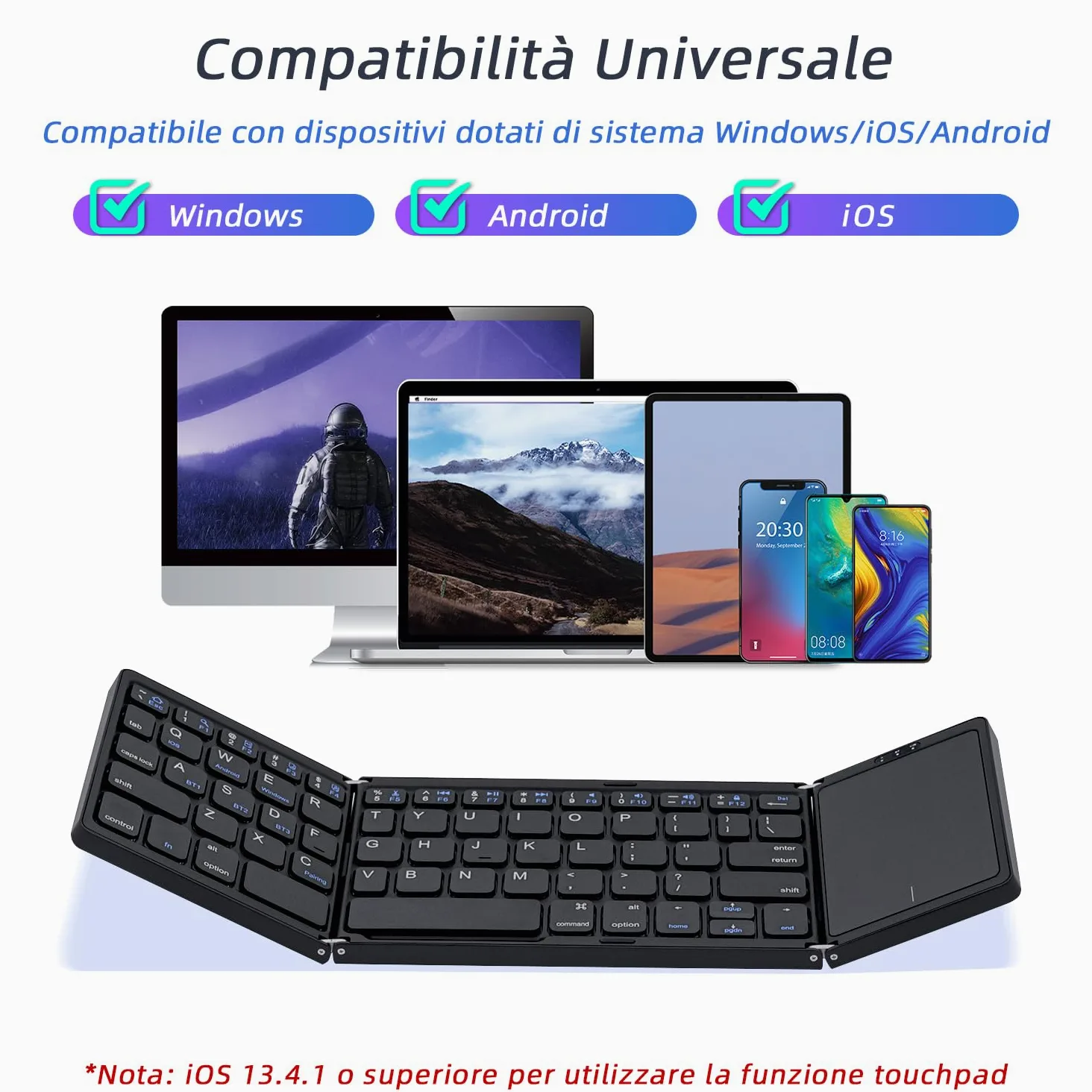 Mcbazel Tastiera senza fili pieghevole con touchpad per tablet/cellulare/PC, tastiera portatile senza fili ricaricabile supporta più dispositivi/iOS/Android/MacOS/Windows, Layout US – nero