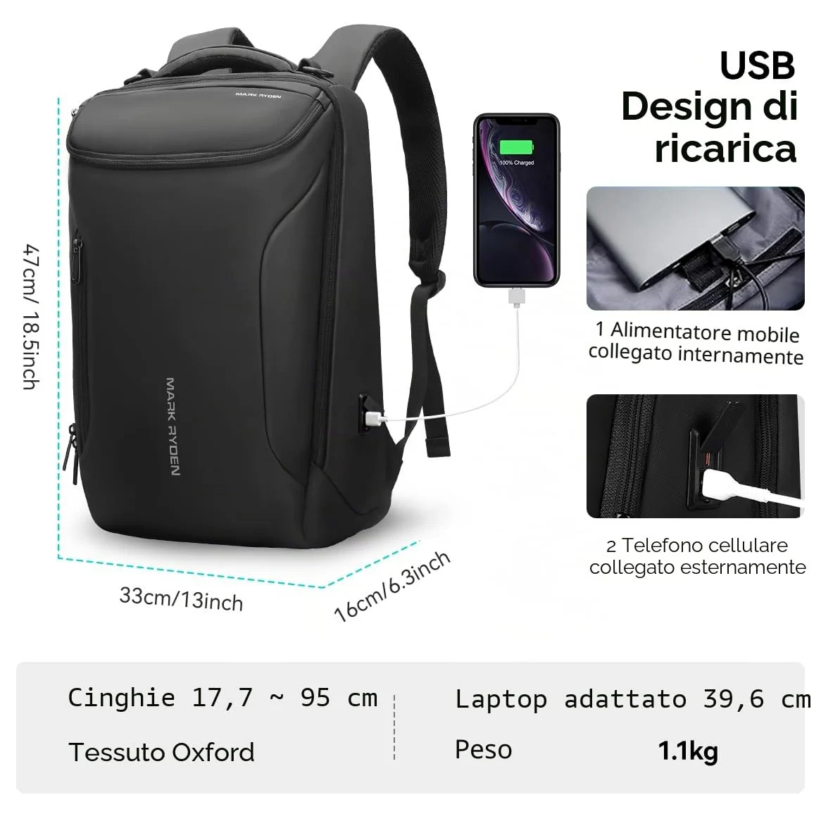 MARK RYDEN Zaino Grande capacità e impermeabile per gli uomini d'affari con porta di ricarica USB per i viaggi scolastici pack escursionismo per laptop sotto i 17,3 pollici