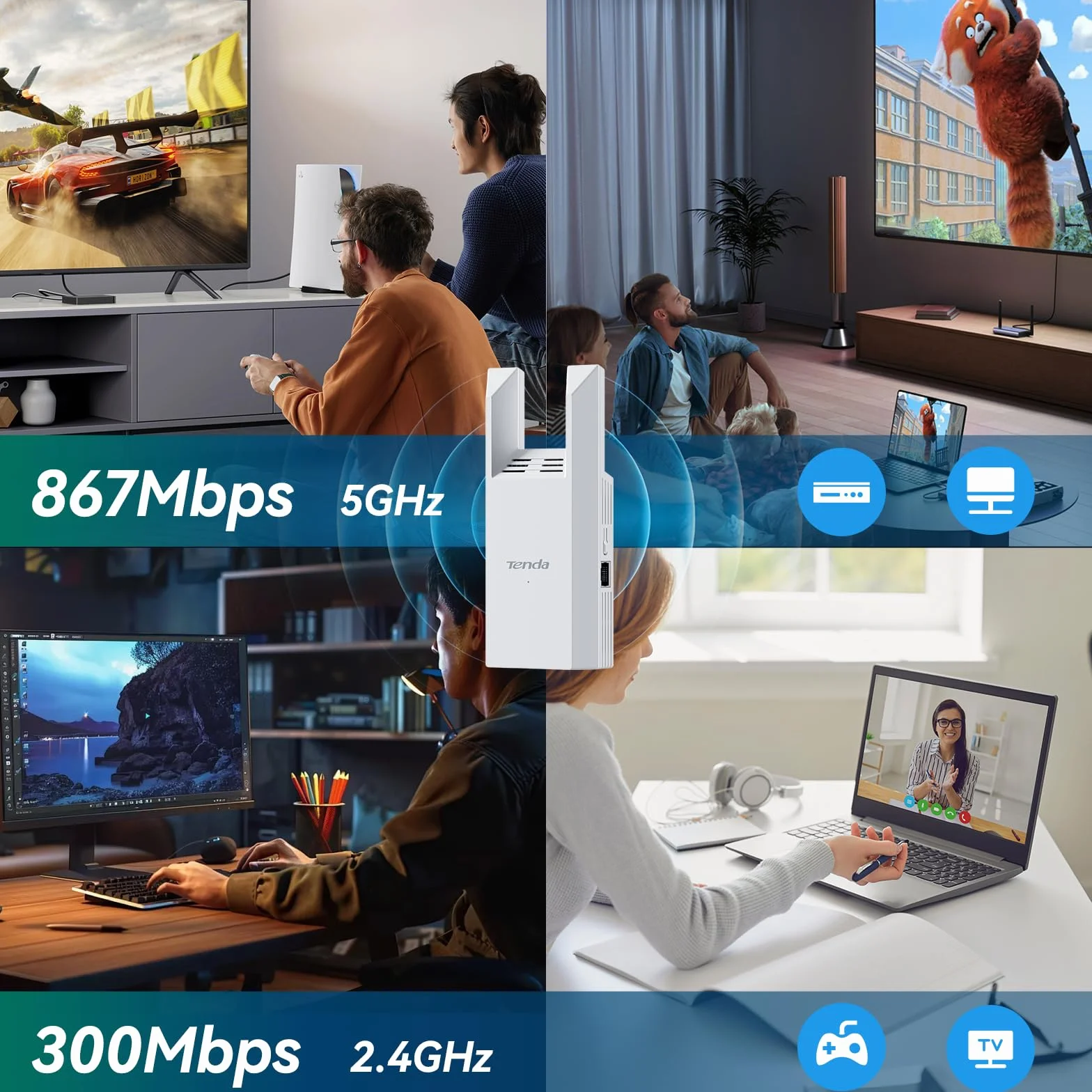 Tenda A18 Pro Ripetitore Wi-Fi Dual Band AC1200 Mbps, Funzionalità Extender e Access Point 5GHz/2.4GHz con Porta Gigabit LAN, LED Segnale Intelligente, Pulsante WPS, Sicurezza WPA2, Controllo via App