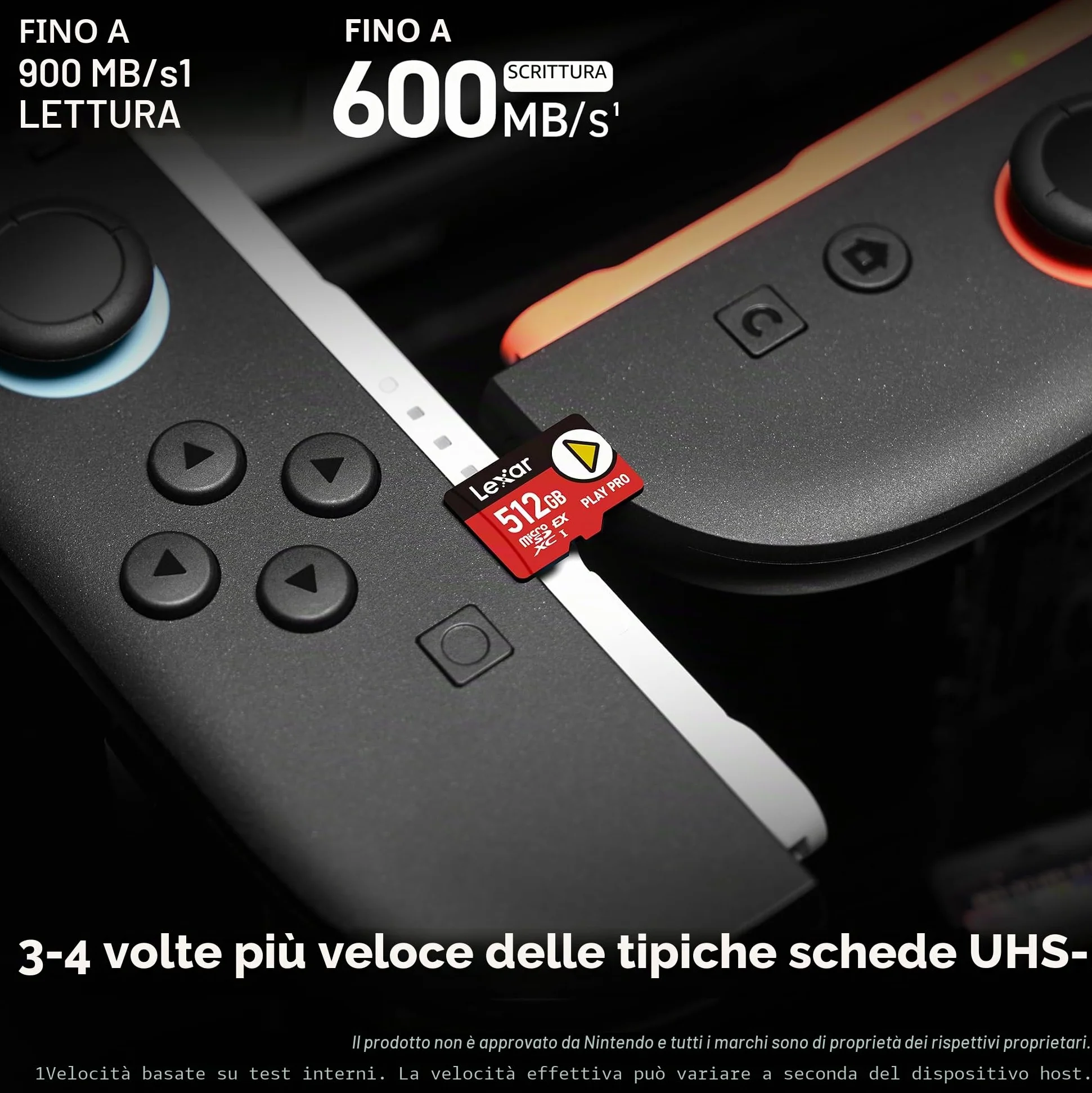 Lexar Play Pro microSDXC Express Card da 512 GB, UHS-I, C10, U3, V30, A2, Full-HD, video 4K, fino a 900 MB/s in lettura, per Nintendo Switch 2, ASUS ROG Ally, Steam Deck, dispositivi di gioco | Compatibile con Nintendo Switch 2, retrocompatibile con dispo