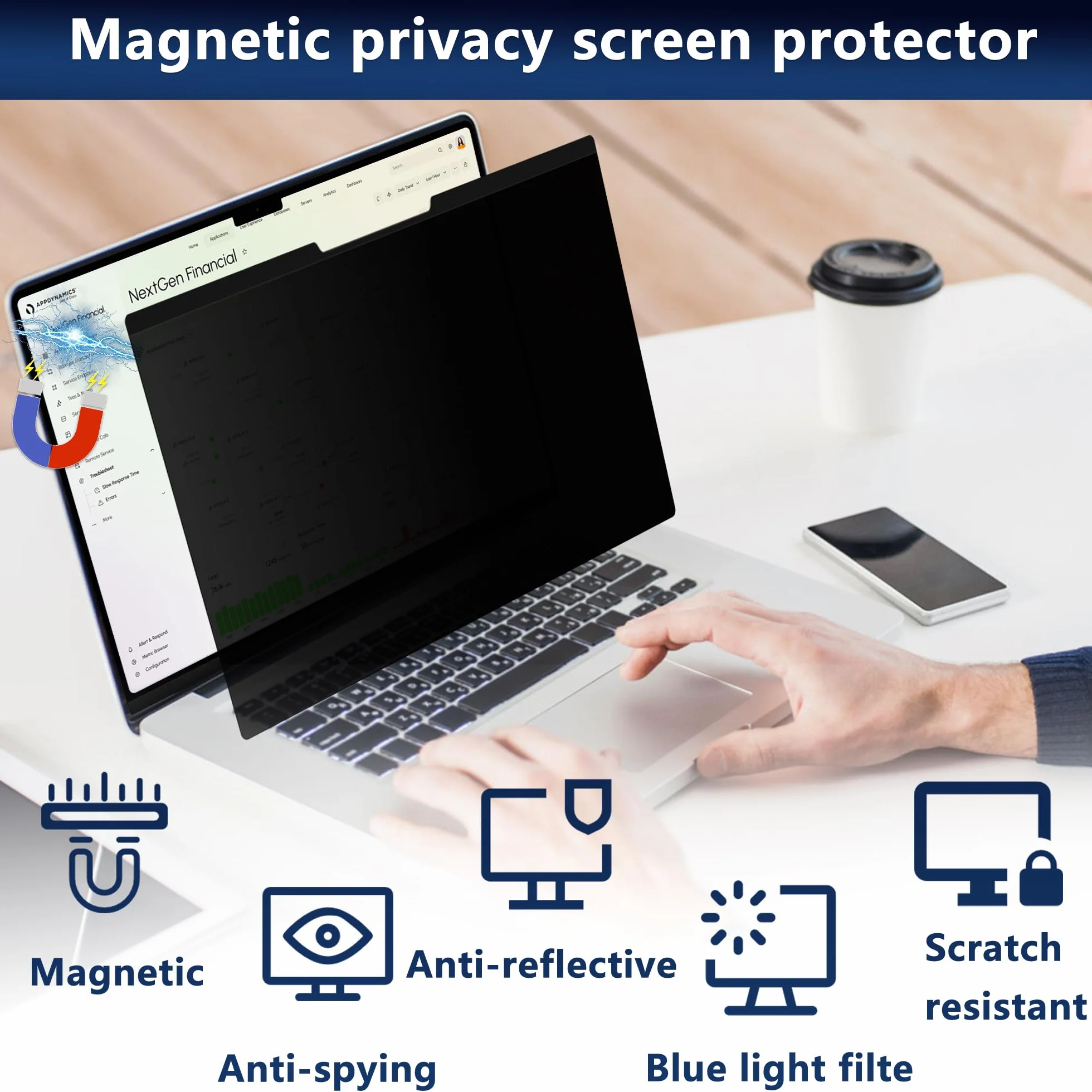 Pellicola Magnetica per Privacy da 16 Pollici 16:10, Anti-Luce Blu, Antiriflesso, Antigraffio, Bifacciale, Rimovibile Pellicola Privacy per Laptop (16 pollici 16:10-351 x 225 mm)