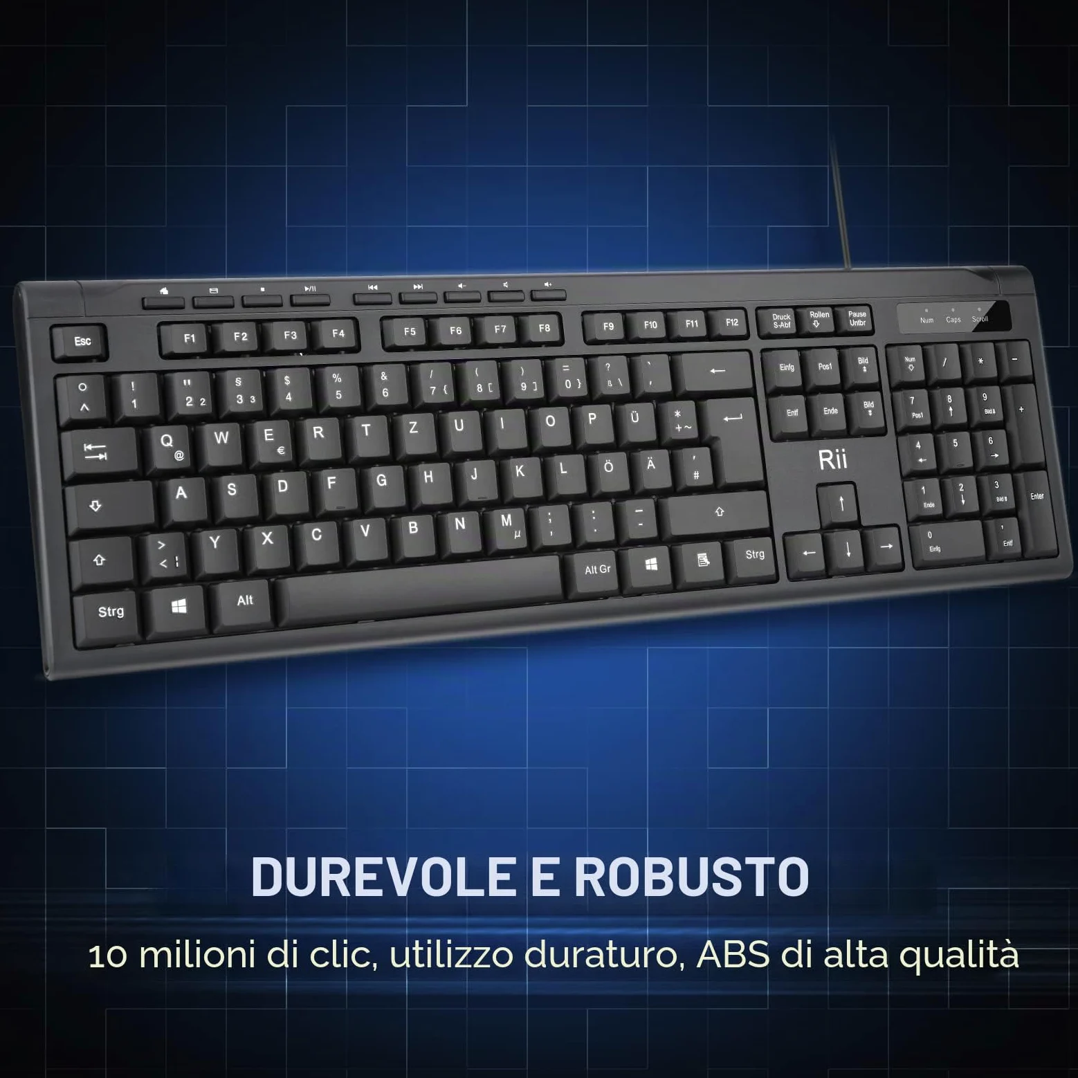 Rii RK907 Wired Tastiera USB per Mac/PC/Tablet/Windows/Android/Microsoft, Layout Tedesco QWERTZ, Nero