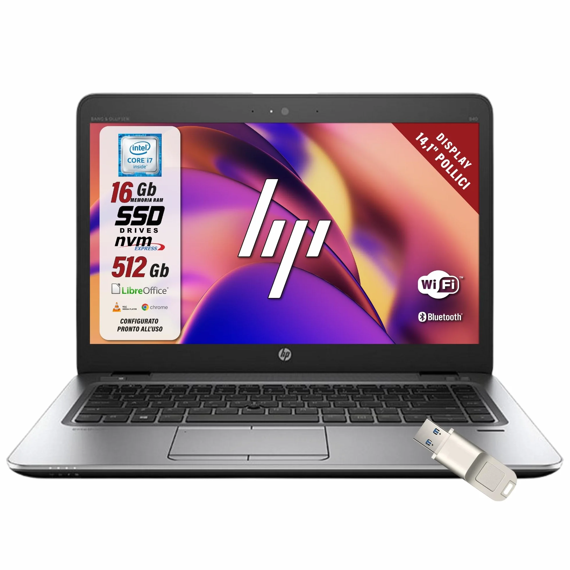 HP Elitebook, Pc Portatile Notebook, intel i7-6600u 2 Core 2.6 Ghz, Ram 16Gb SSD 512GB, display 14" HD, Pronto all'uso con Pacchetto Libre Office e Chiavetta USB FIngerPrint (Ricondizionato)