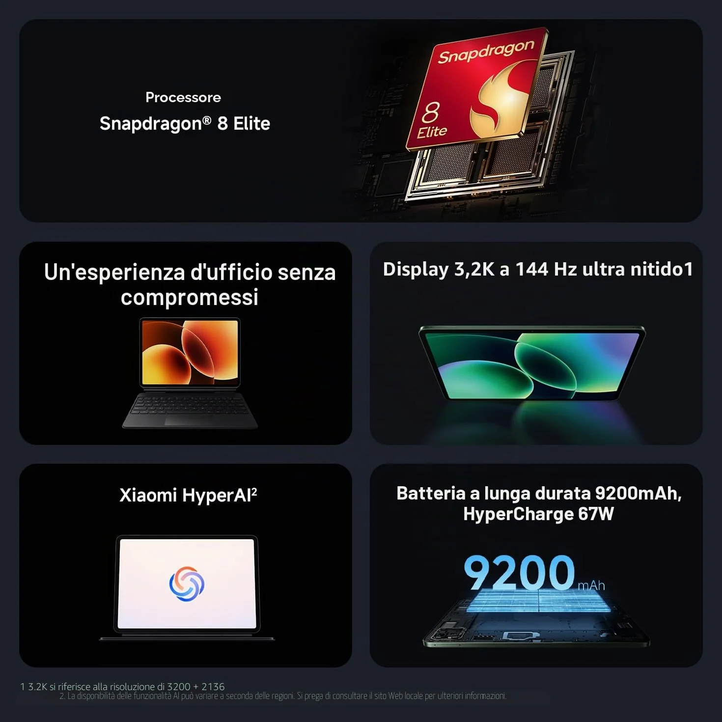 XIAOMI Pad 8 Pro, Tablet 11,2'', 12+512 GB, Snapdragon® 8 Elite, Batteria 9200 mAh, Display cristallino 144 Hz, HyperAI, Grigio, Garanzia 2 anni del produttore+1 anno extra, Caricatore non incluso