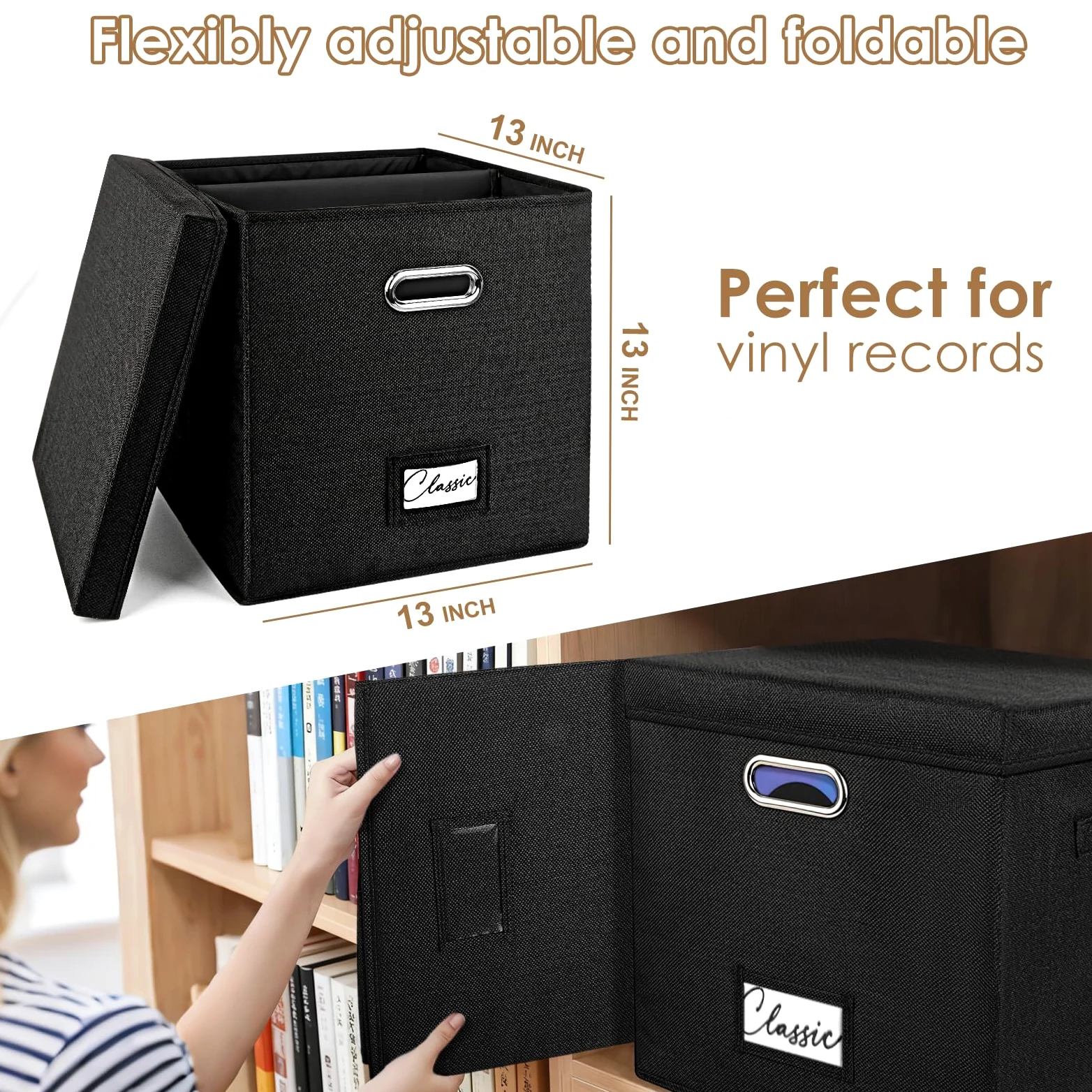 Woodoulogy Scatola nera in lino per LP in vinile, impilabile con coperchio e maniglia – Capacità 50+ dischi, organizer per album e documenti