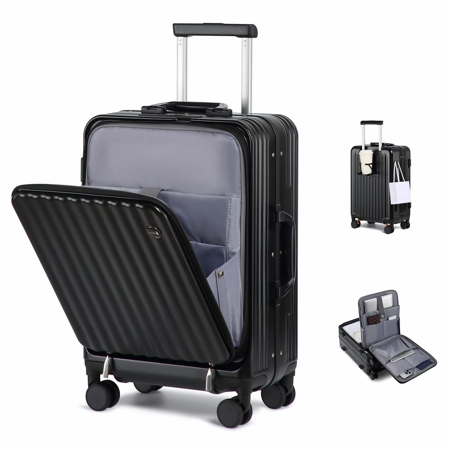 Sea choice Valigia Bagaglio a Mano con Tasca Frontale per Laptop 20" PC Valigia Trolley Porta con USB, 4 Rotelle con lucchetto TSA, Porta bicchieri