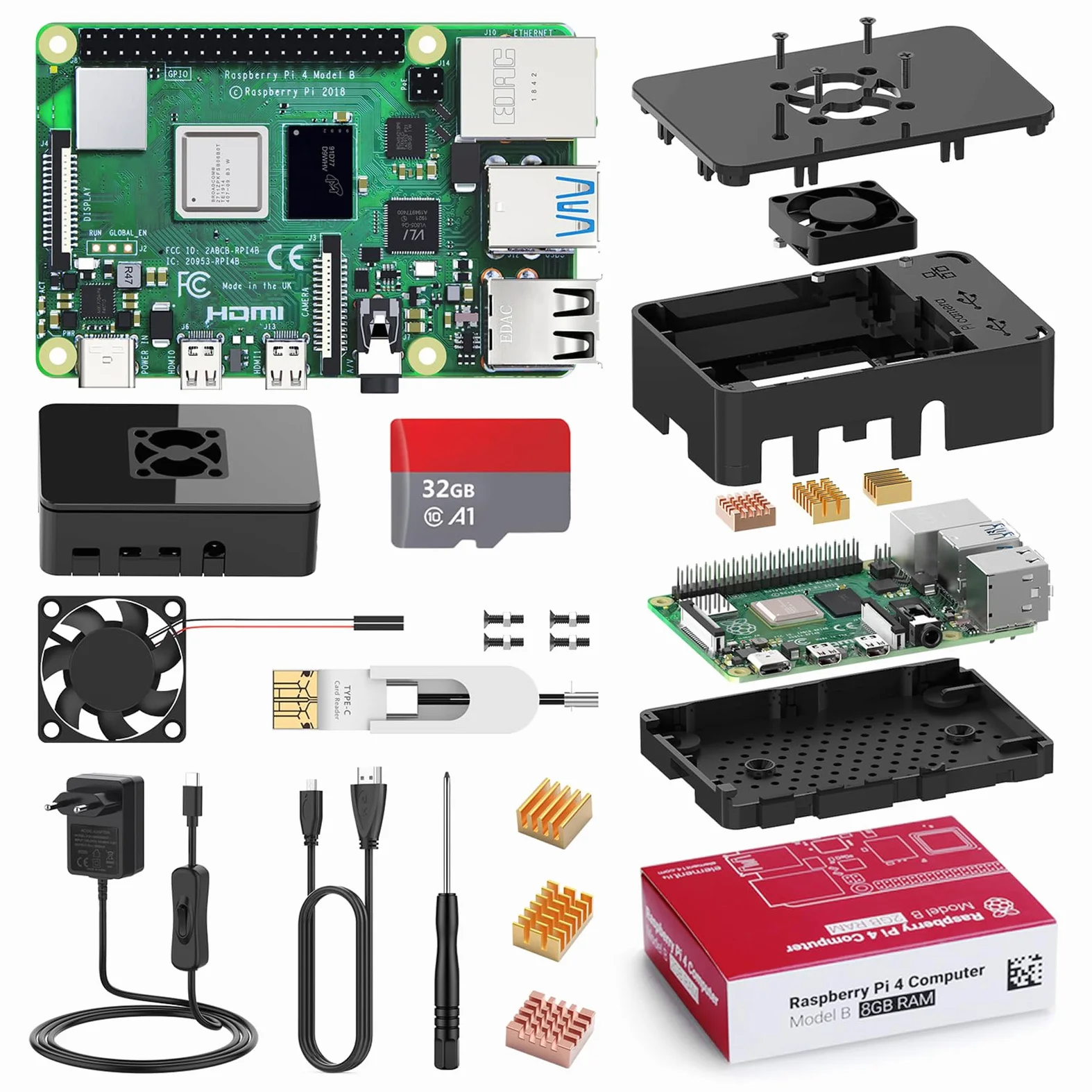 Bqeel Kit Raspberry Pi 4 Model B da 8GB RAM+ 32GB, RPi Barebone con Accessori 1 Cavo HDMI, Alimentatore 5.1V 3A con Interruttore ecc (8G +32G)