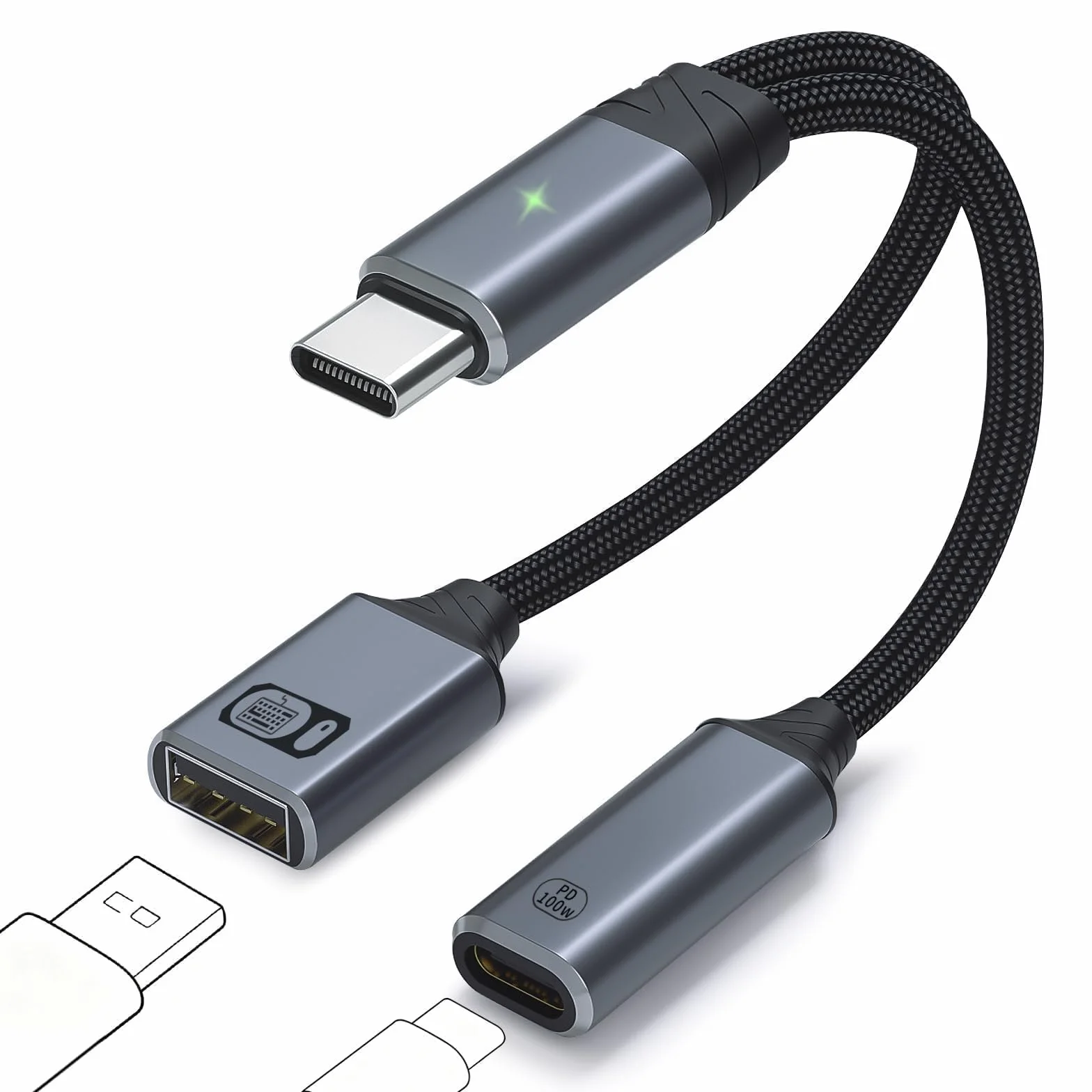 Adattatore USB-C OTG 2 in 1 con Ricarica Rapida PD 100W USB-A 2.0 per Laptop Tablet Telefono Grigio