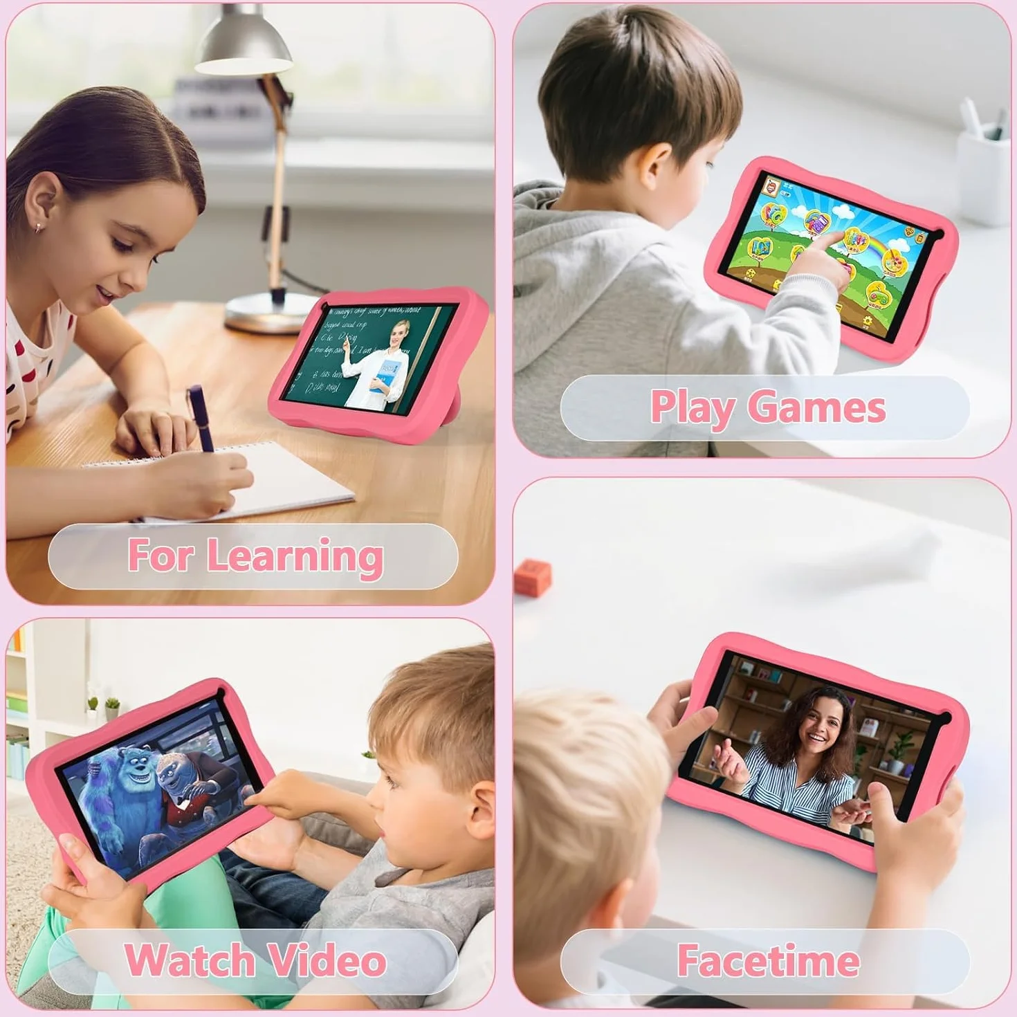 SUMTAB Tablet Bambini 7 Pollici con Controllo Parentale, Android 13 Tablette, 8 GB RAM 64GB ROM (256 GB Estensione) Bluetooth, WiFi,Tablet per Bambini con Custodia(Rosa)
