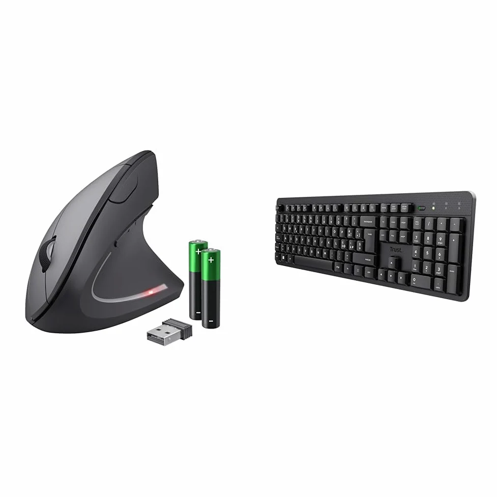 Trust Verto Mouse Verticale Wireless, Ergonomico senza Filo, 800/1200/1600 DPI & Ody II Tastiera Wireless Silenziosa Layout Italiano QWERTY, Tasti a Profilo Ribassato