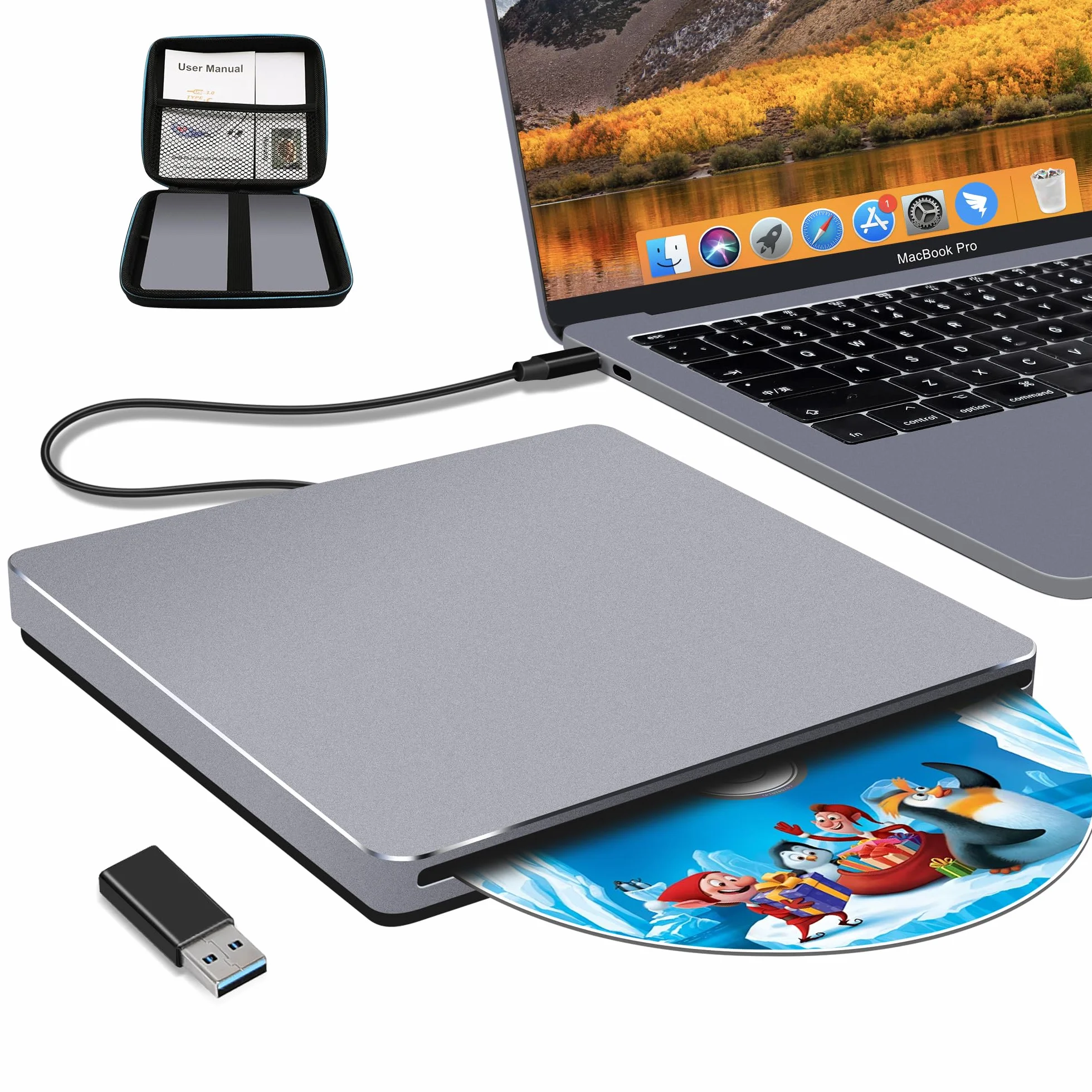 Unità CD/DVD Esterno Lettore CD DVD Esterno USB 3.0 Tipo-C Portatile Masterizzatore DVD Esterna per PC Windows 11 Mac Laptop MacBook Asus HP, con Adattatore USB 3.0,Supporto CD/DVD +/- RW