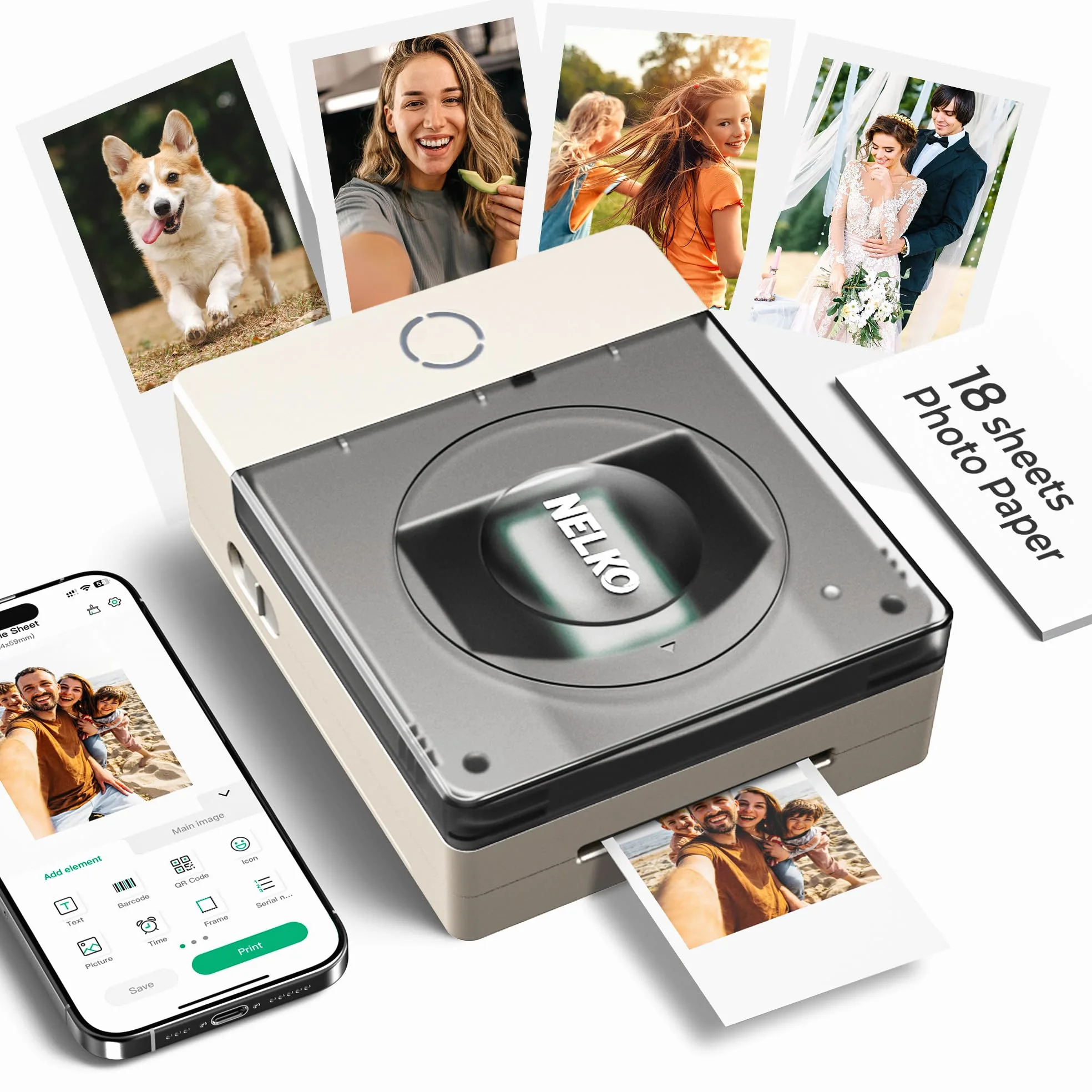 Nelko Stampante Portatile PP02 4-in-1 2x3, Getto d'Inchiostro per Adesive, Magnetiche, Transfert Acqua & Termico, Bluetooth, Modifica App, Avorio