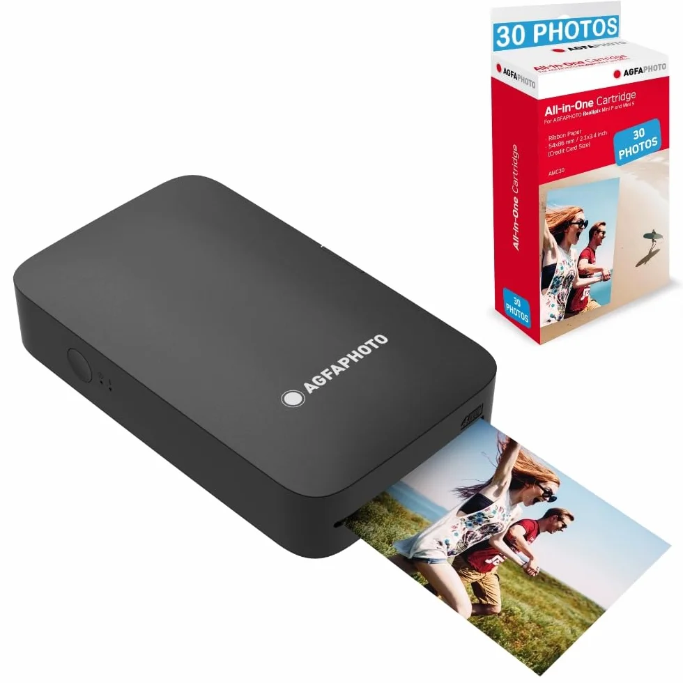 AGFA PHOTO Pack Imprimante Realipix Mini P + Cartouches Papiers pour 30 Photos - Imprimante Photo 5,3 x 8,6 cm Bluetooth - Sublimation Thermique 4Pass Noir